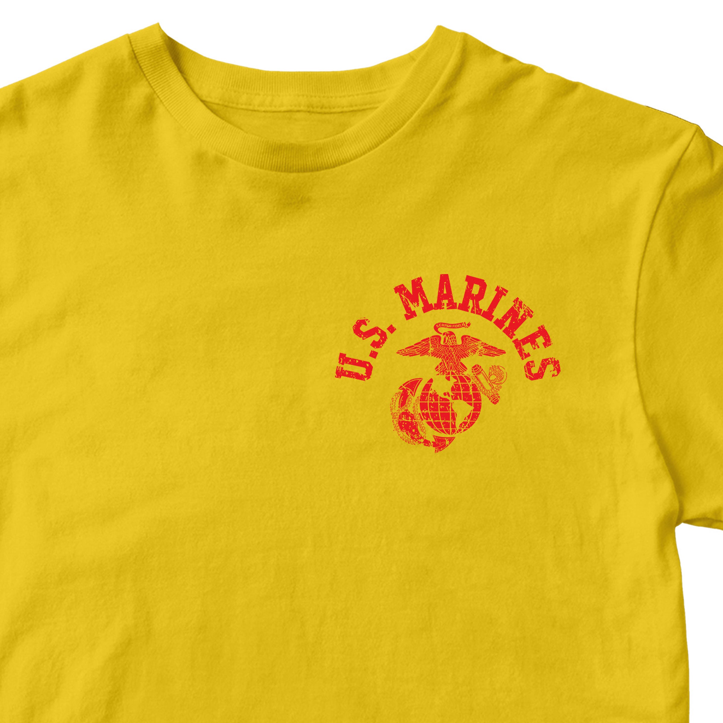 Gold Marine Corps PT-style T-shirt featuring a small left-chest U.S. Marines arch and EGA emblem. USMC Tee