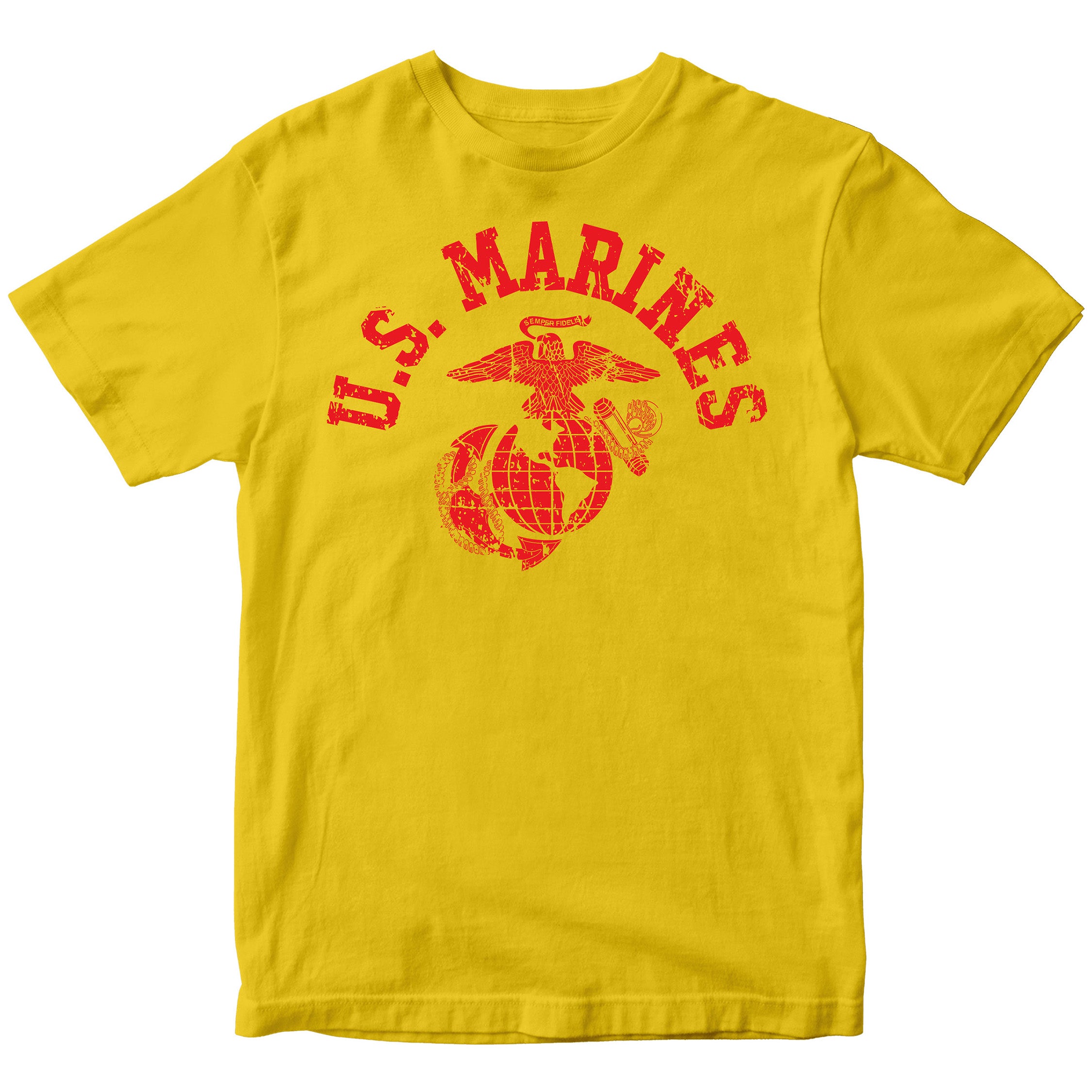 Gold & Red U.S. Marines T-shirt with large full-front vintage ‘U.S. Marines’ arch and Eagle, Globe, and Anchor emblem. USMC Tee