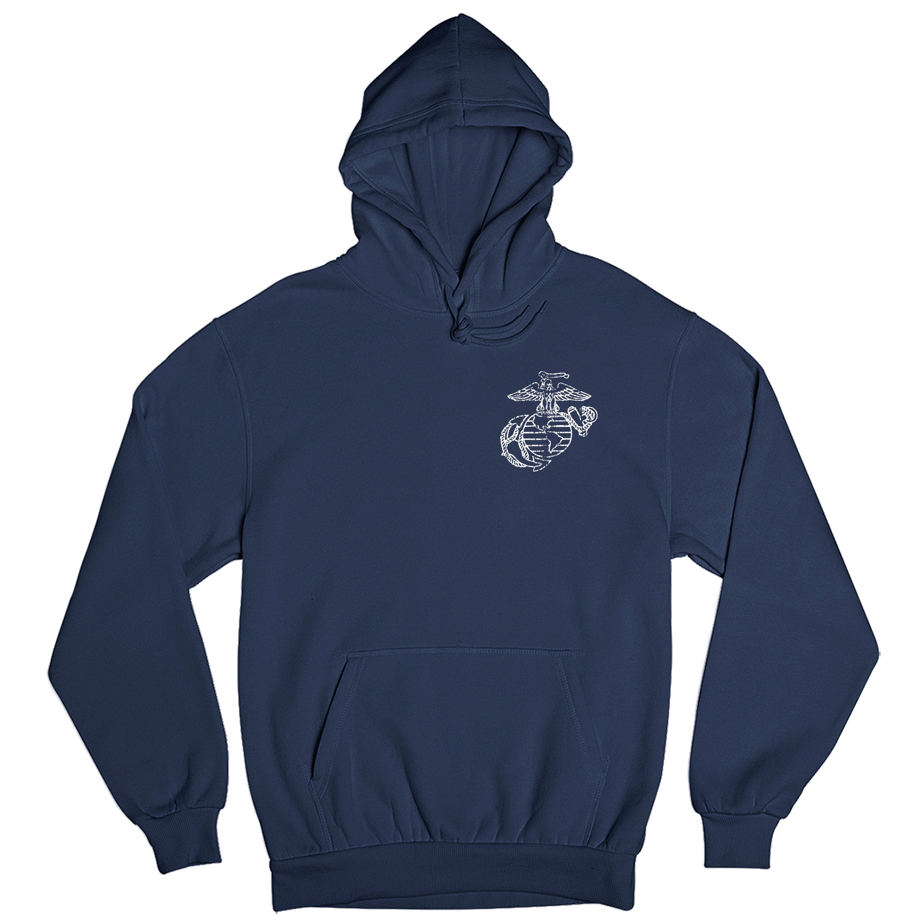 Navy USMC hoodie with front-left chest Eagle, Globe, and Anchor emblem