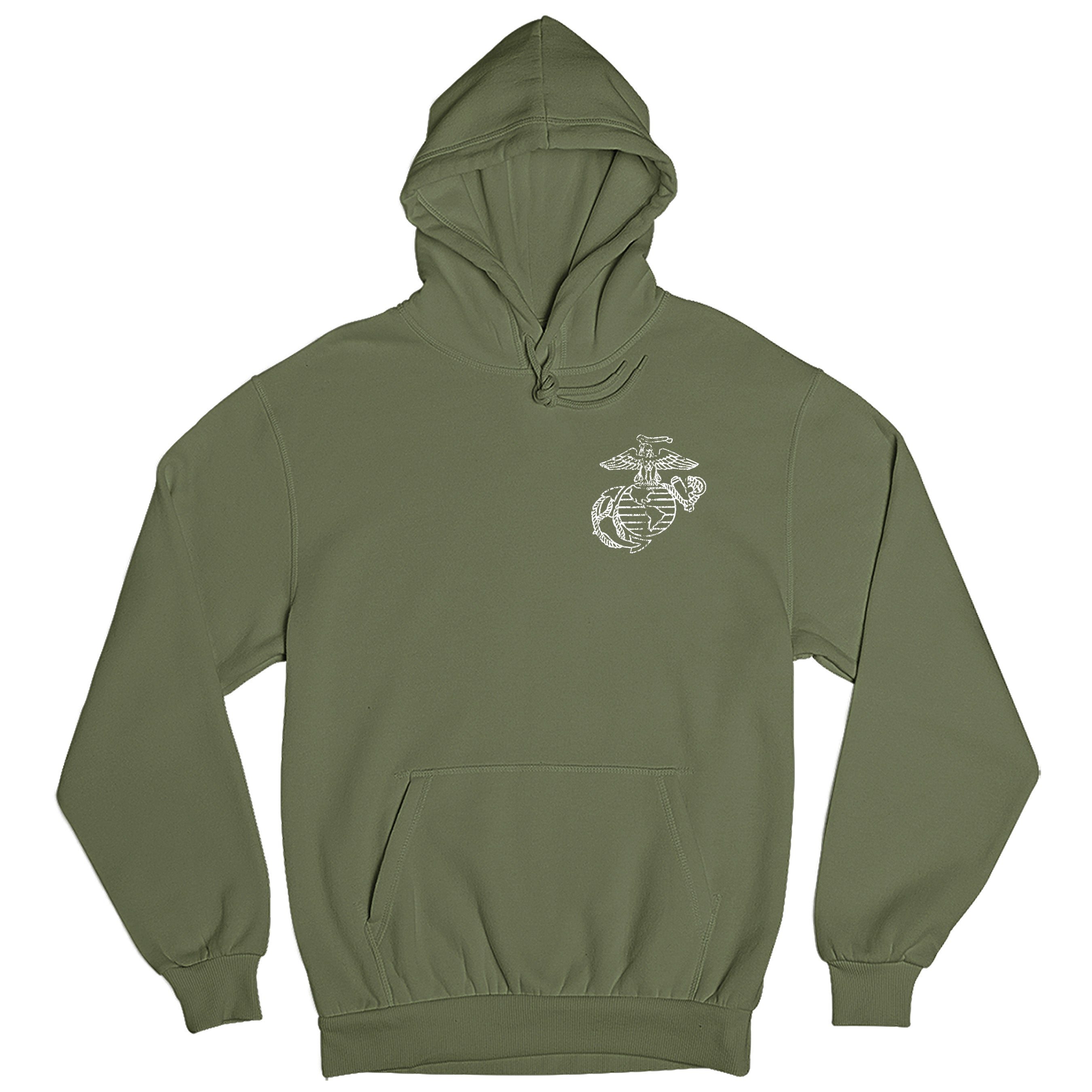 Green USMC hoodie with front-left chest Eagle, Globe, and Anchor emblem