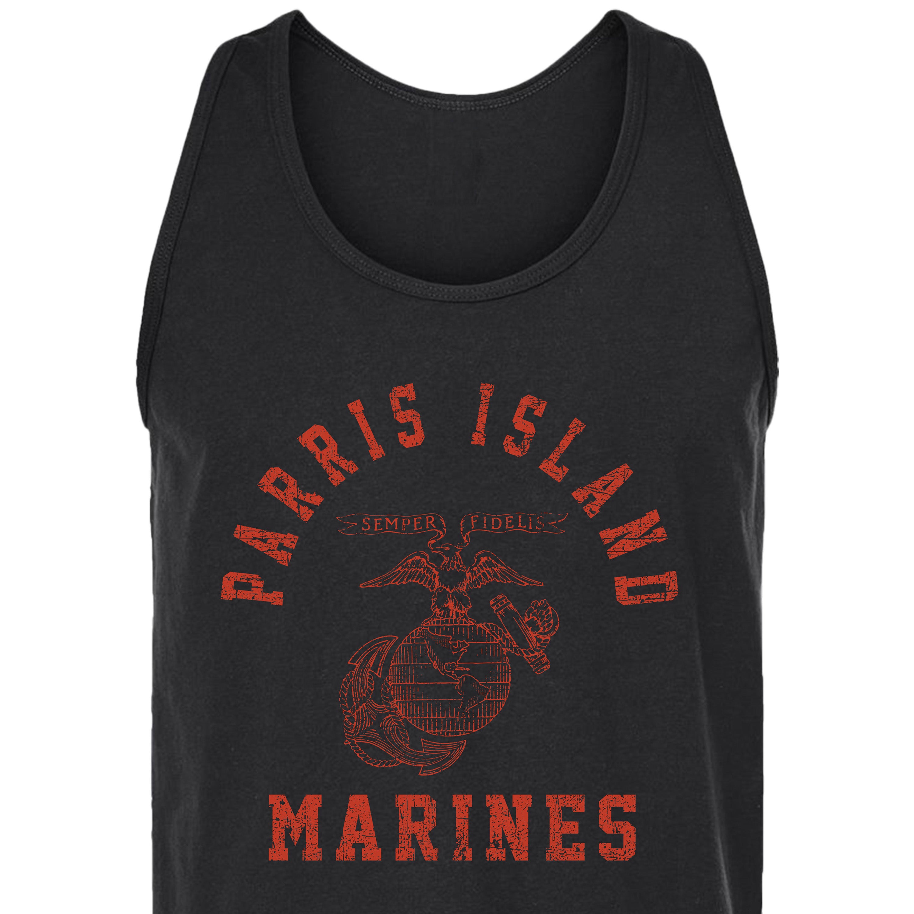 Black USMC Old School Parris Island Training Tank featuring a distressed red Eagle, Globe, and Anchor design with Parris Island and Marines text.