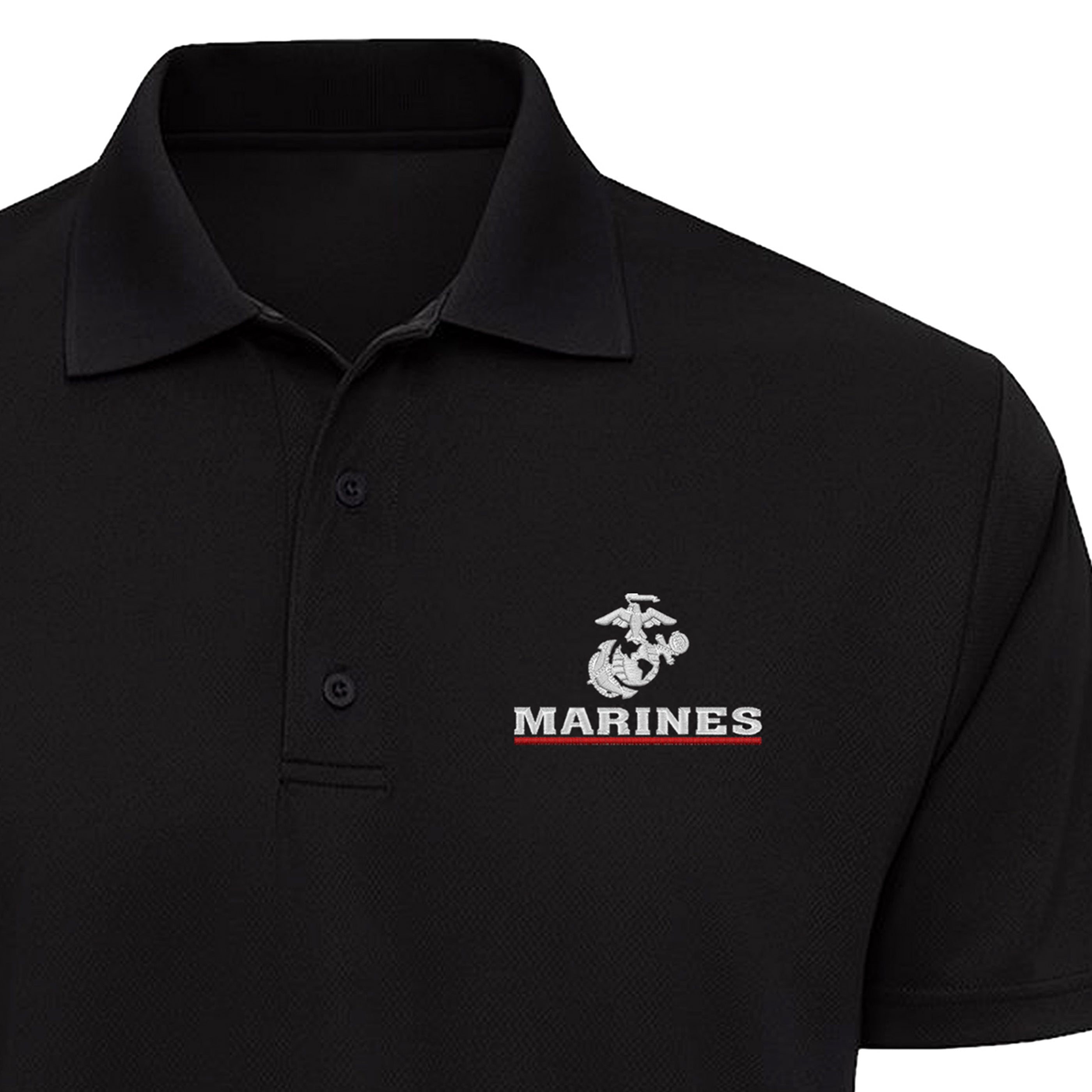 black short-sleeve USMC polo with white and red US Marines logo embroidered on the left chest. Marines embroidered performance polo.