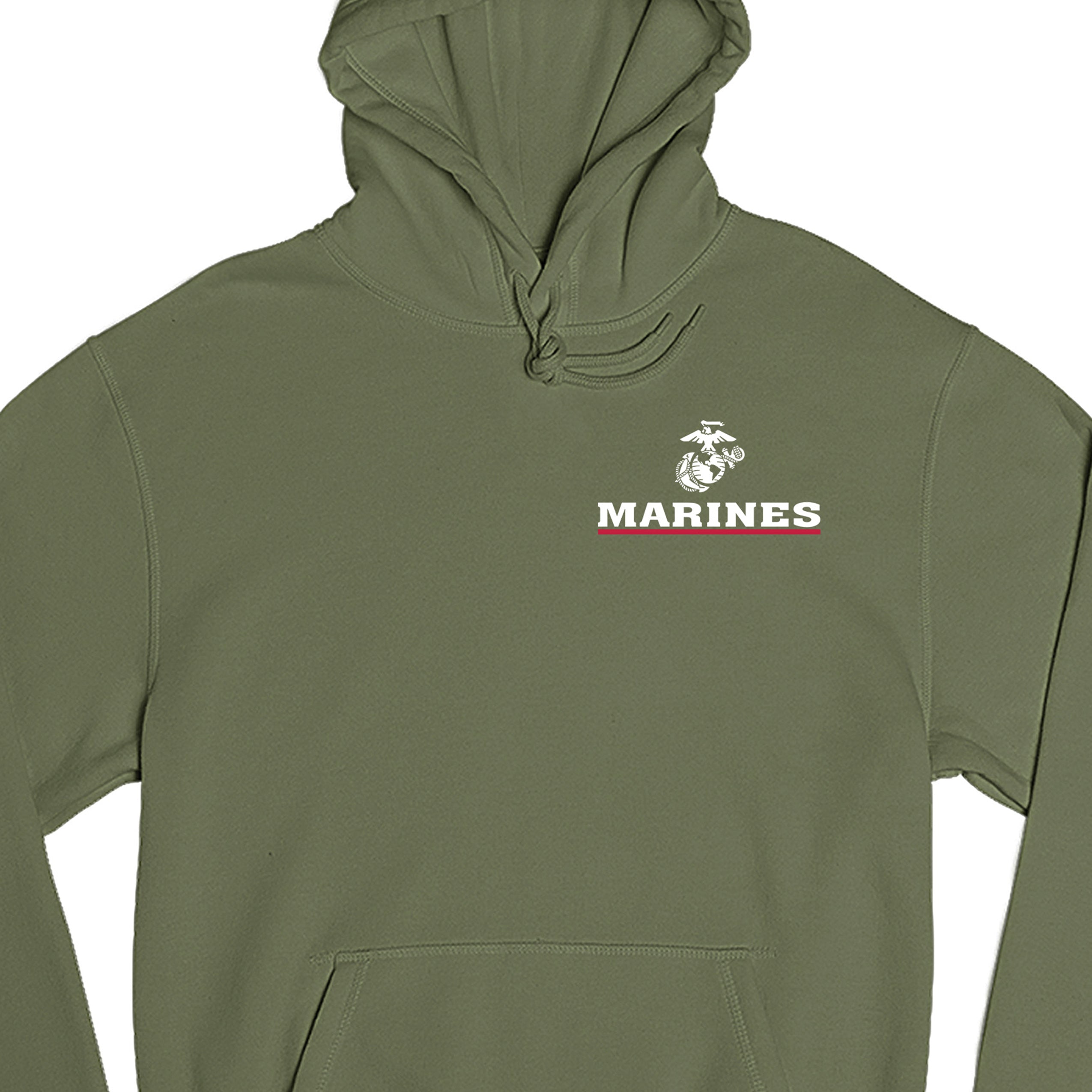 Green USMC Hoodie with EGA chest seal emblem above bold 'MARINES' text and a red underline, minimalist Marine Corps design.