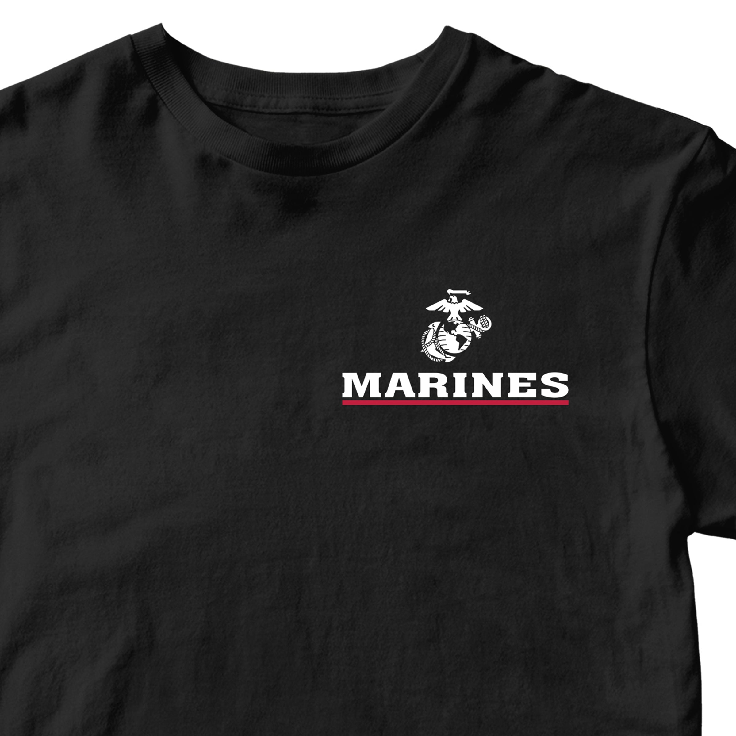 Black USMC T-shirt with EGA chest seal emblem above bold white 'MARINES' text and a red underline, minimalist Marine Corps design.