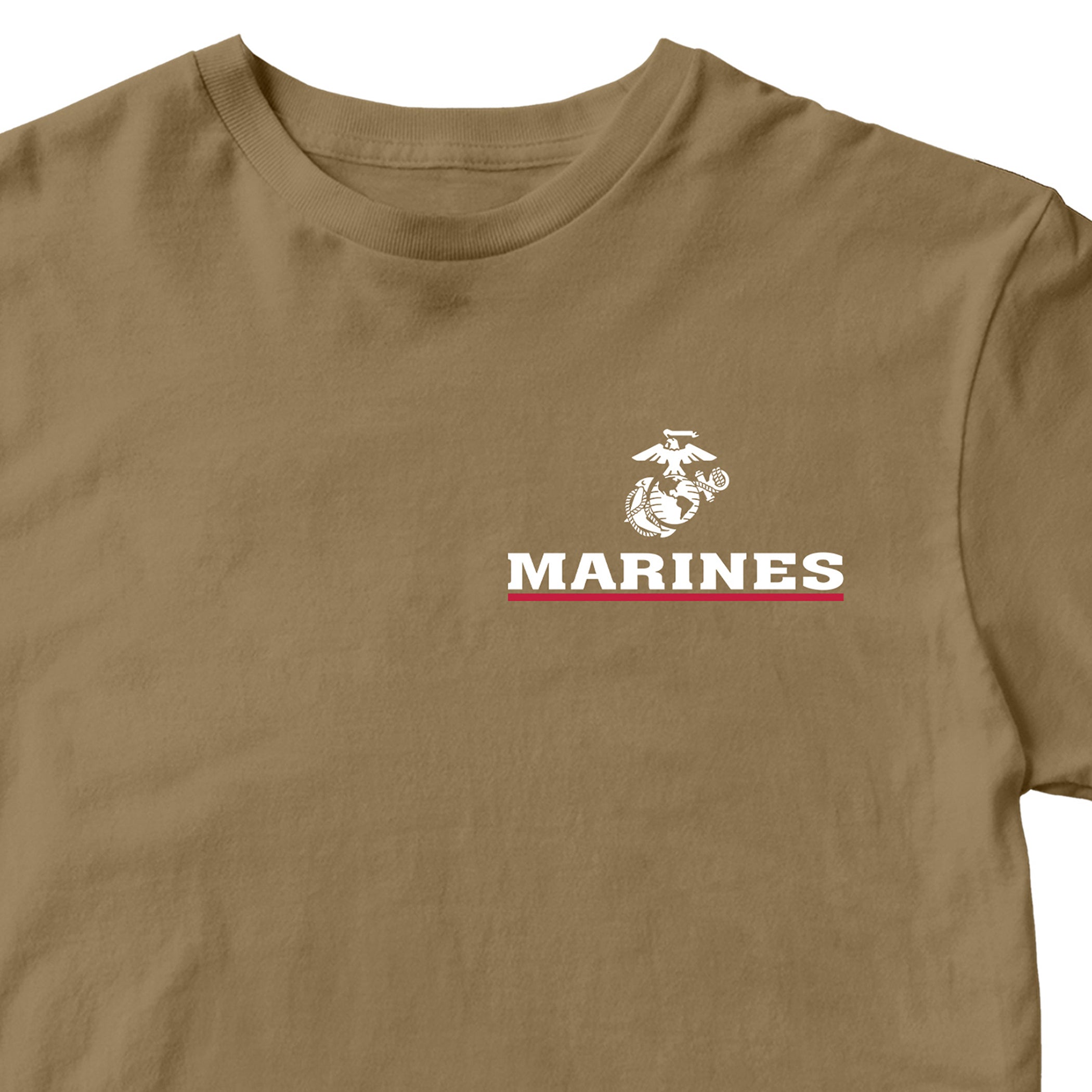 Brown USMC T-shirt with EGA chest seal emblem above bold white 'MARINES' text and a red underline, minimalist Marine Corps design.