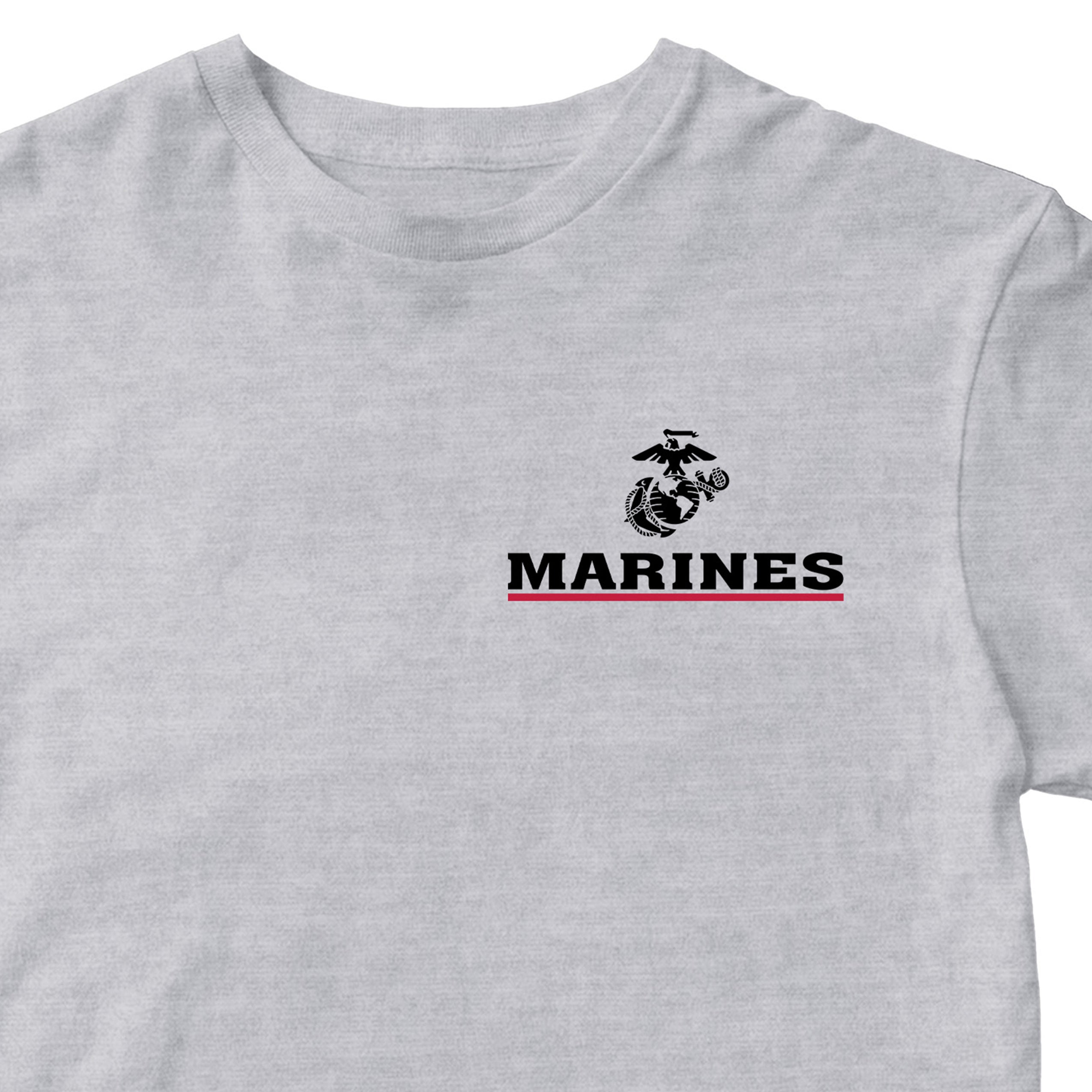 Gray USMC T-shirt with EGA chest seal emblem above bold white 'MARINES' text and a red underline, minimalist Marine Corps design.