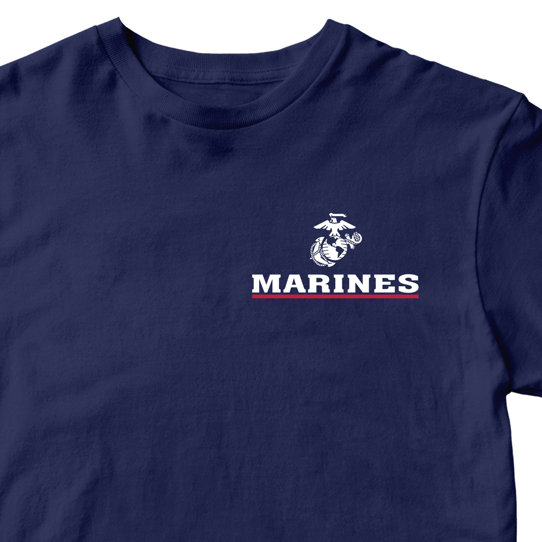 Navy USMC T-shirt with EGA chest seal emblem above bold white 'MARINES' text and a red underline, minimalist Marine Corps design.