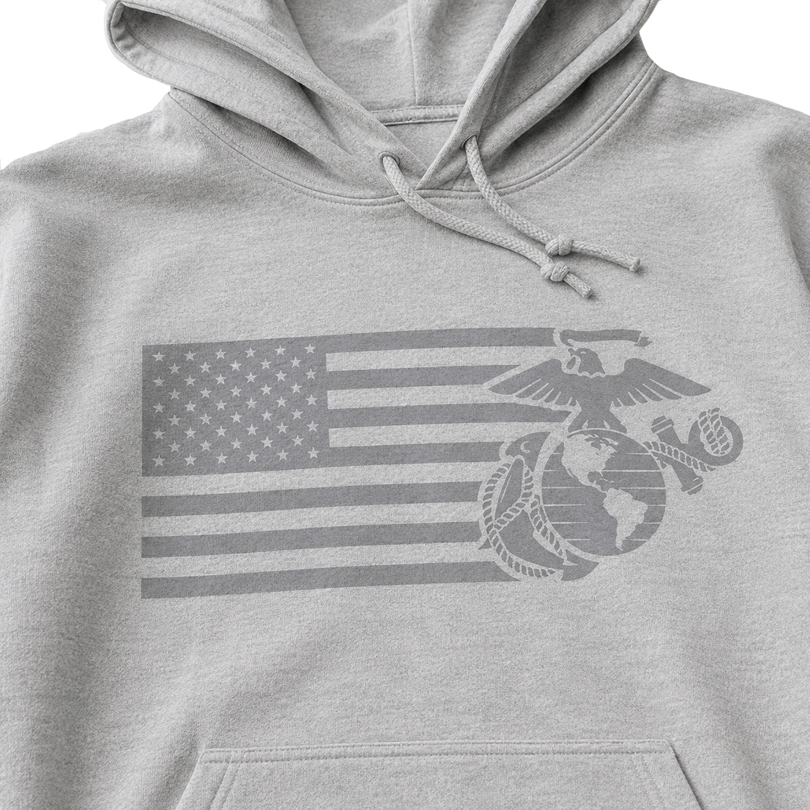 Heather Gray USMC Split Flag and EGA hoodie with tonal American flag and Eagle Globe and Anchor front graphic