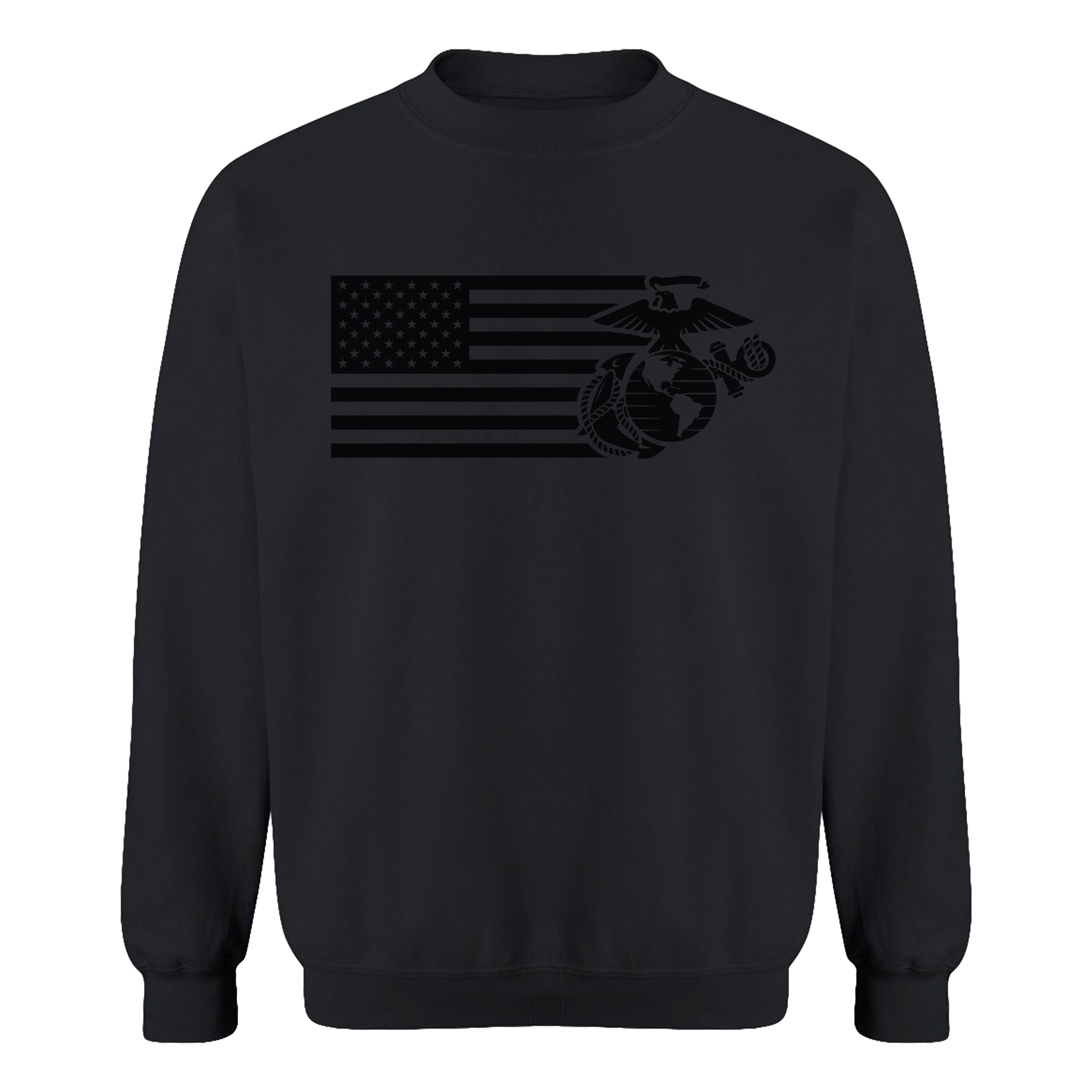 Black USMC Split Flag & EGA crewneck sweatshirt featuring a subtle black-on-black American flag and Eagle, Globe, and Anchor design. USMC Patriotic Sweatshirt