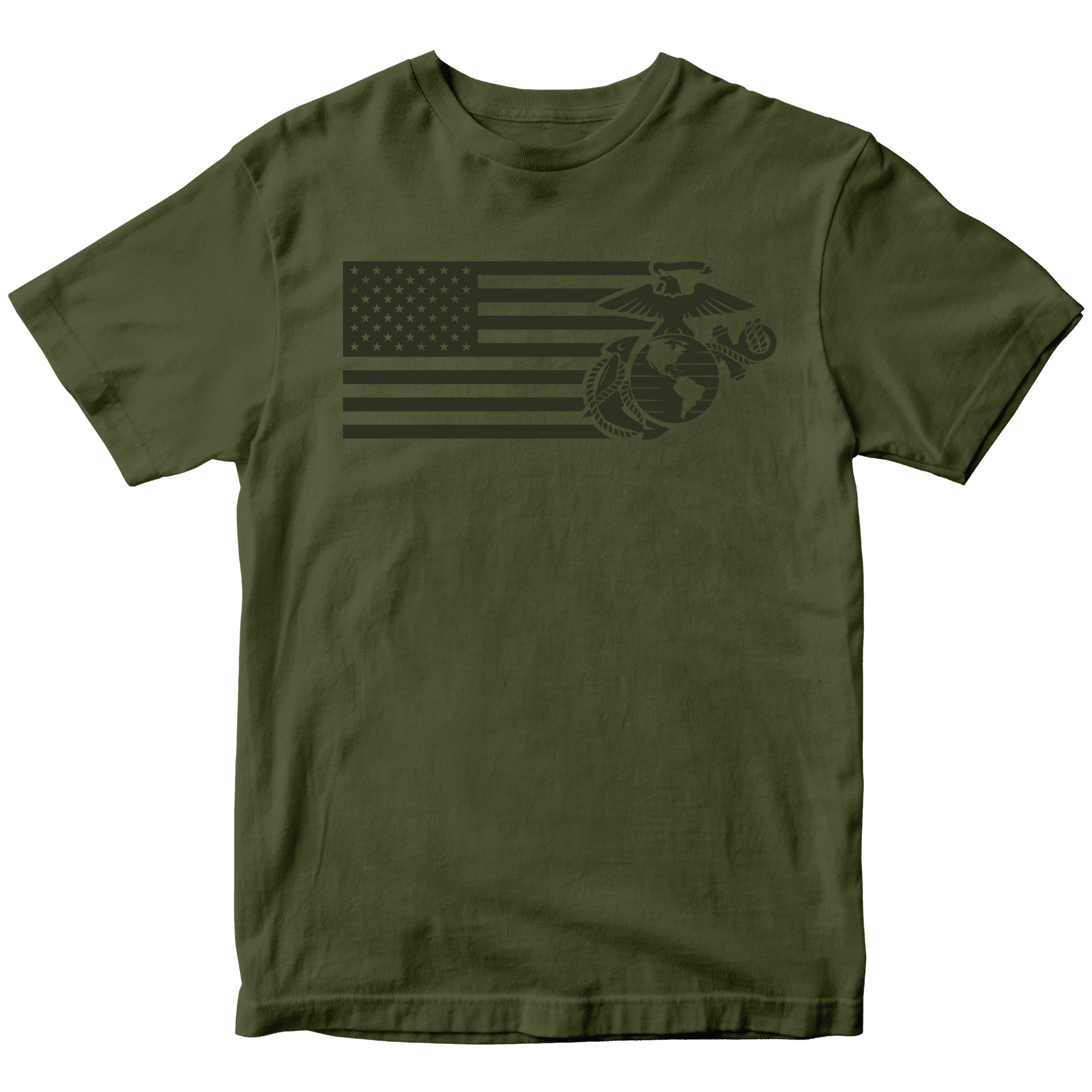 Military green USMC Split Flag and EGA t-shirt with monochromatic Marine Corps EGA and American Flag Design. Marines Patriotic Tee.