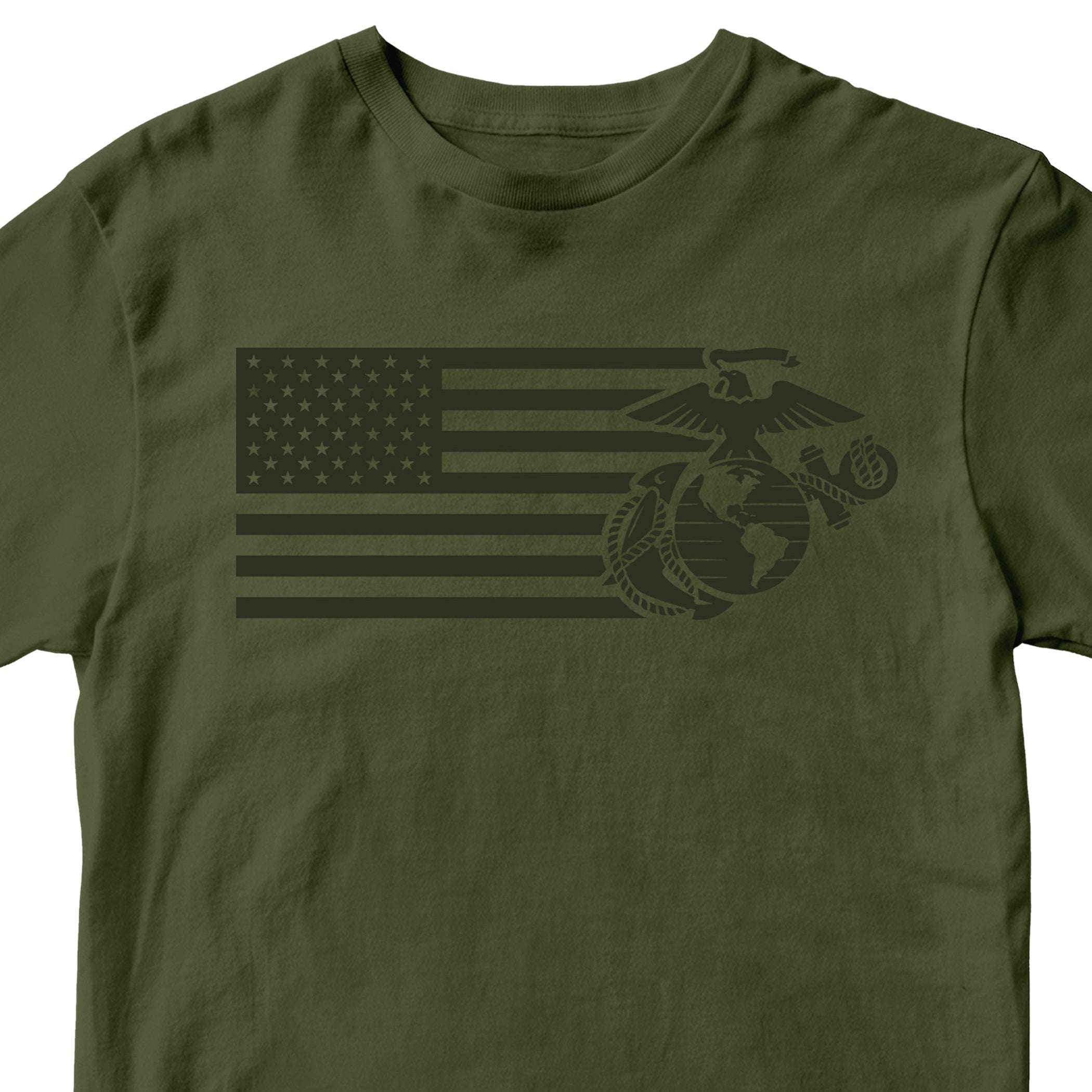 Military green USMC Split Flag and EGA t-shirt with monochromatic Marine Corps EGA and American Flag Design. Marines Patriotic Tee.
