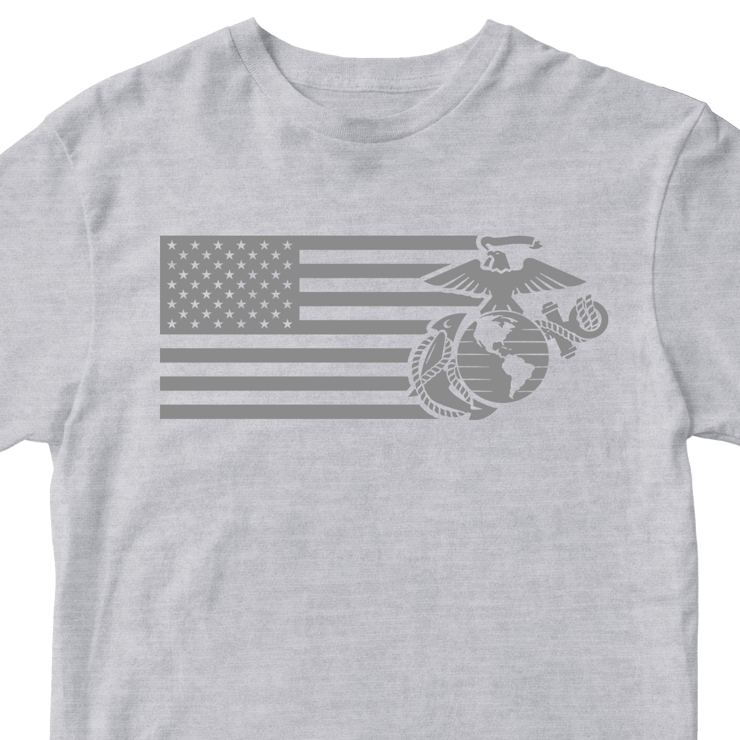 Sport Gray USMC Split Flag and EGA t-shirt with monochromatic Marine Corps EGA and American Flag Design. Marines Patriotic Tee.