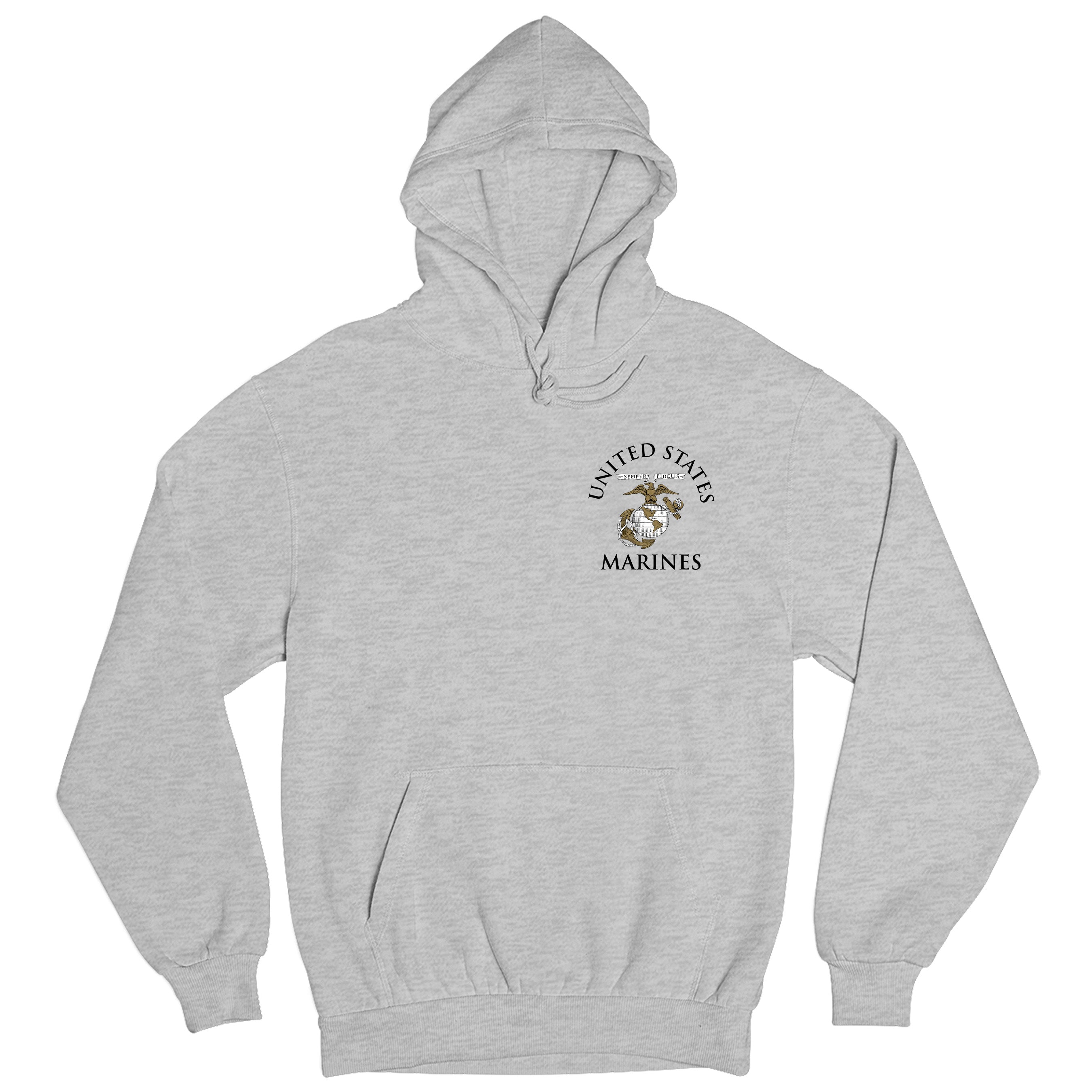 Gray Marine Corps Hoodie featuring United States Marines text and EGA emblem chest seal