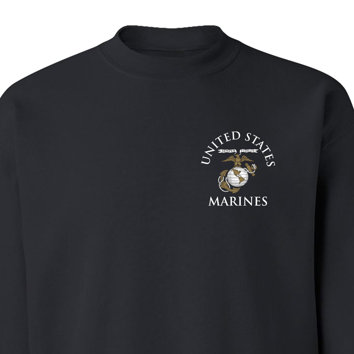 Black Marine Corps sweatshirt featuring United States Marines text and EGA emblem chest seal