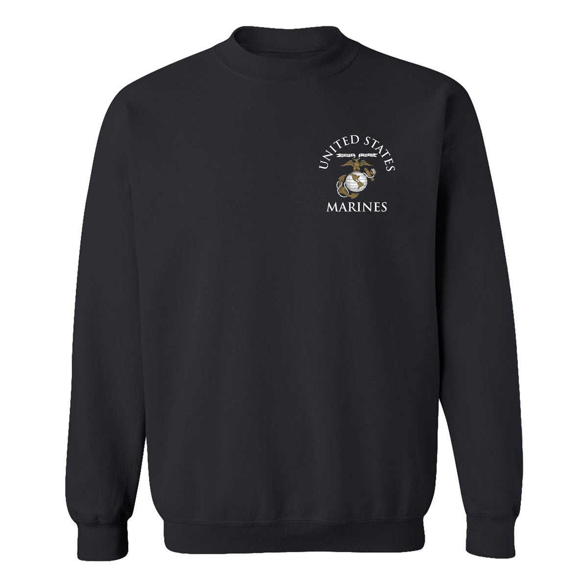 Black Marine Corps sweatshirt featuring United States Marines text and EGA emblem chest seal