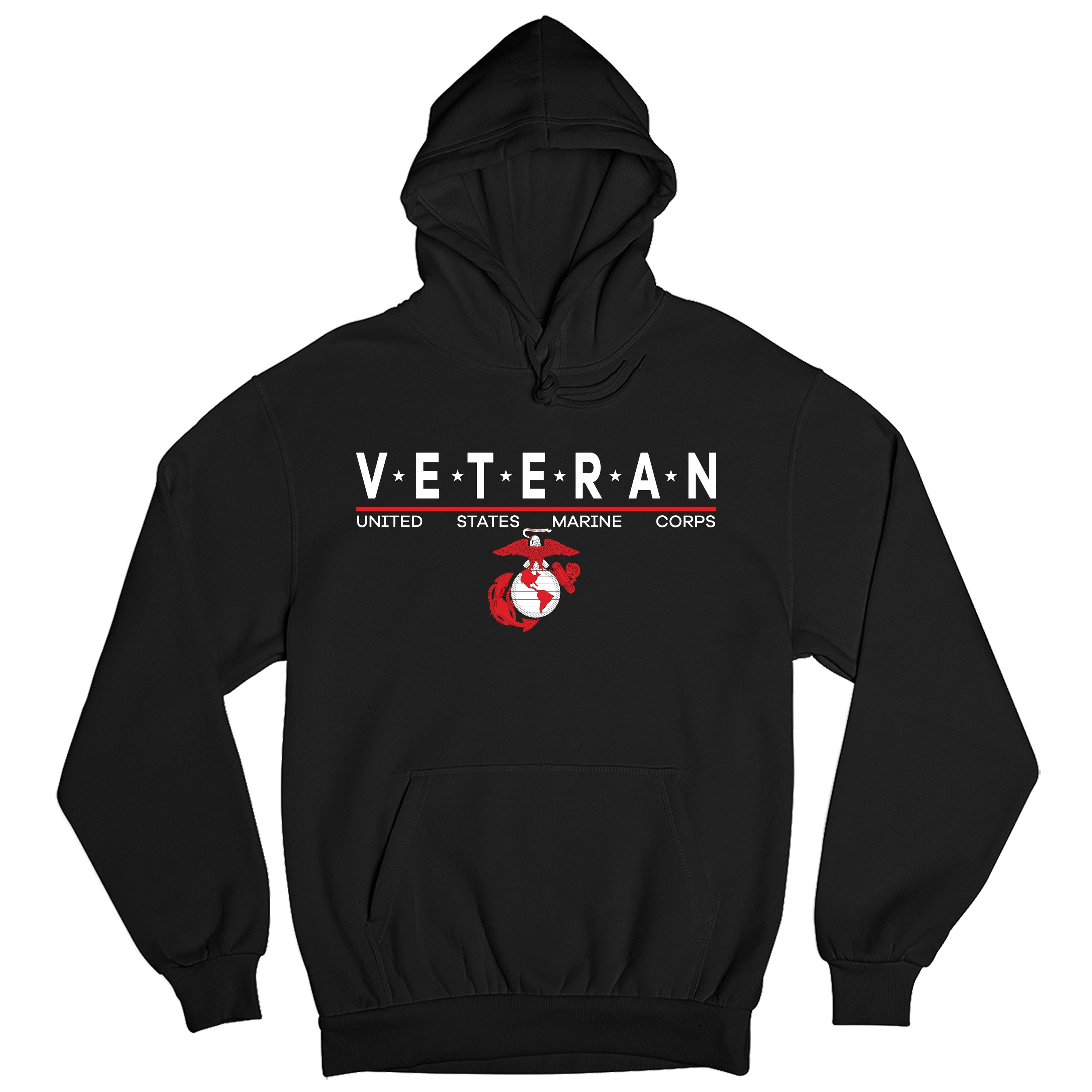 Black USMC Veteran Hoodie with star-accented ‘VETERAN’ text and Eagle, Globe and Anchor emblem.