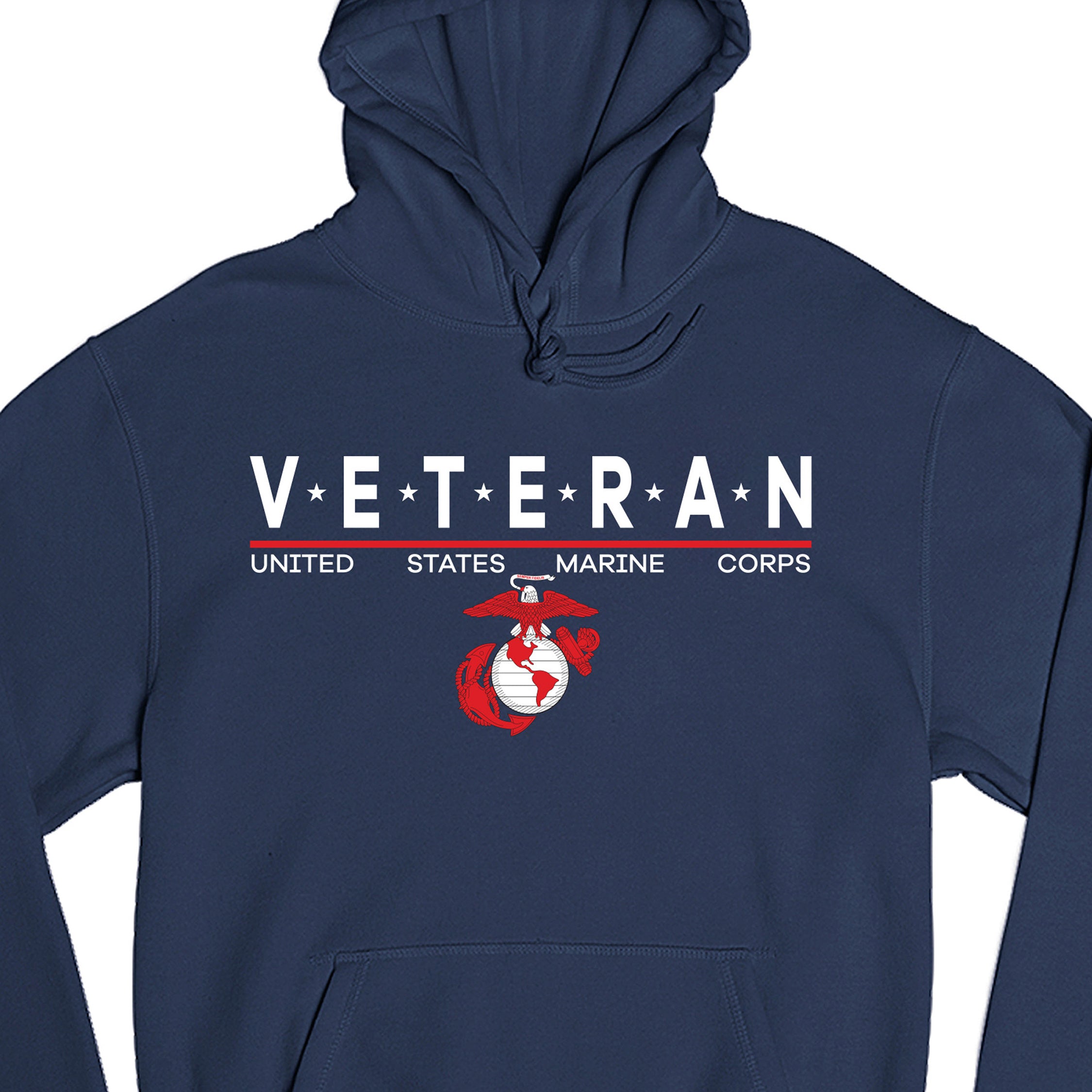 Navy Blue USMC Veteran Hoodie with star-accented ‘VETERAN’ text and Eagle, Globe and Anchor emblem.