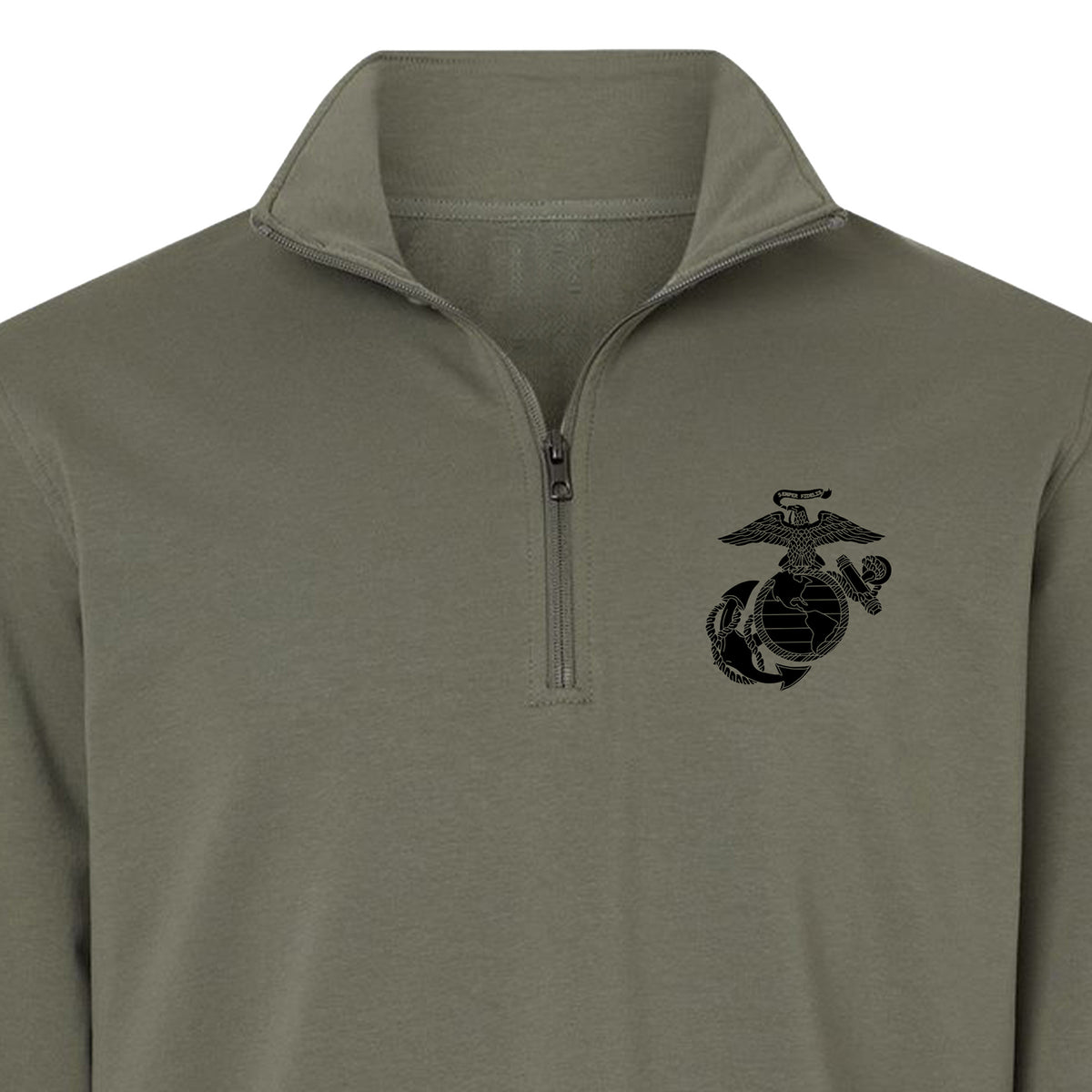OD Green Vintage Marine Chest Seal performance quarter-zip pullover with black Eagle Globe and Anchor chest graphic