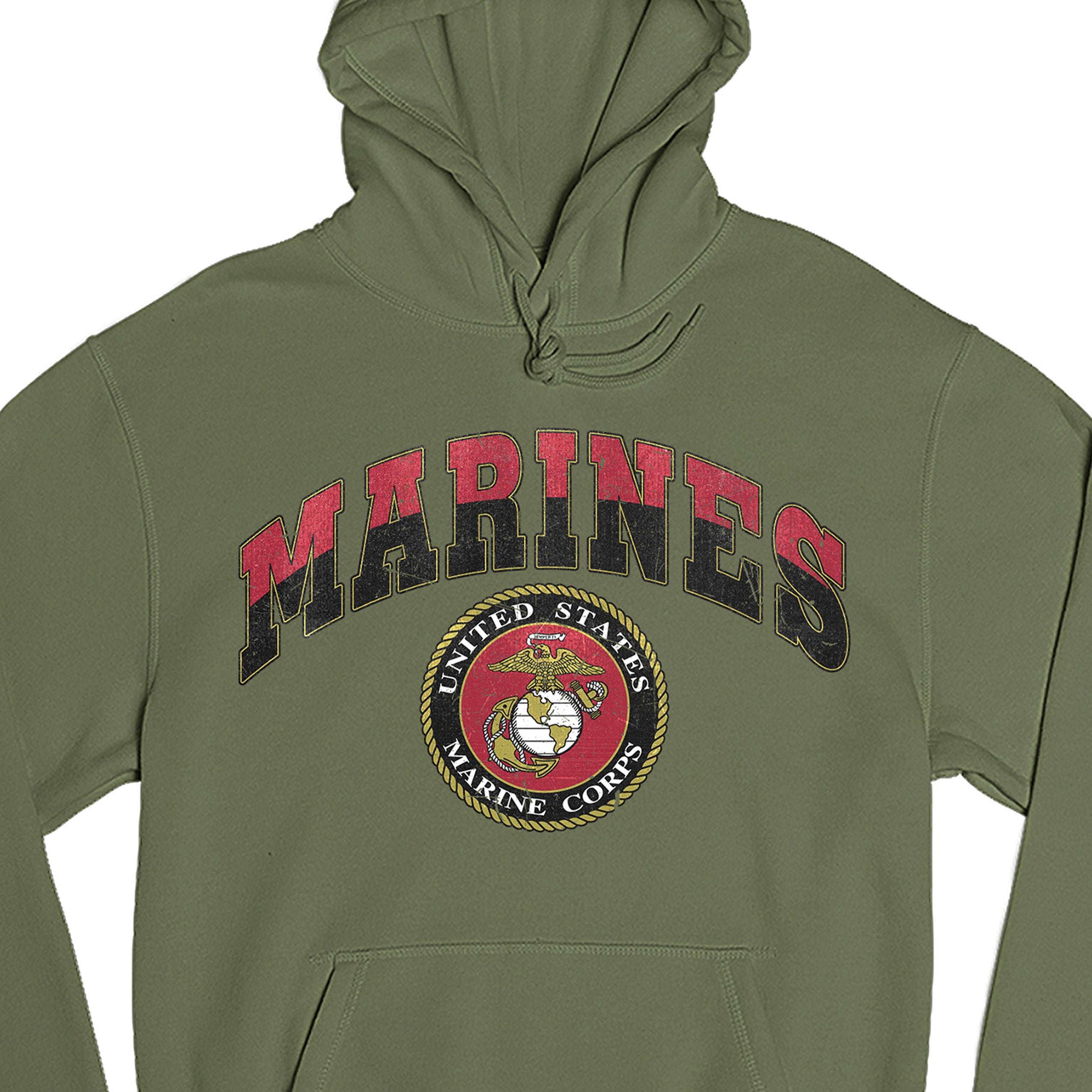 Green USMC hoodie with vintage red and gold 'MARINES' text and full-color United States Marine Corps seal, patriotic military hoodie for Marines
