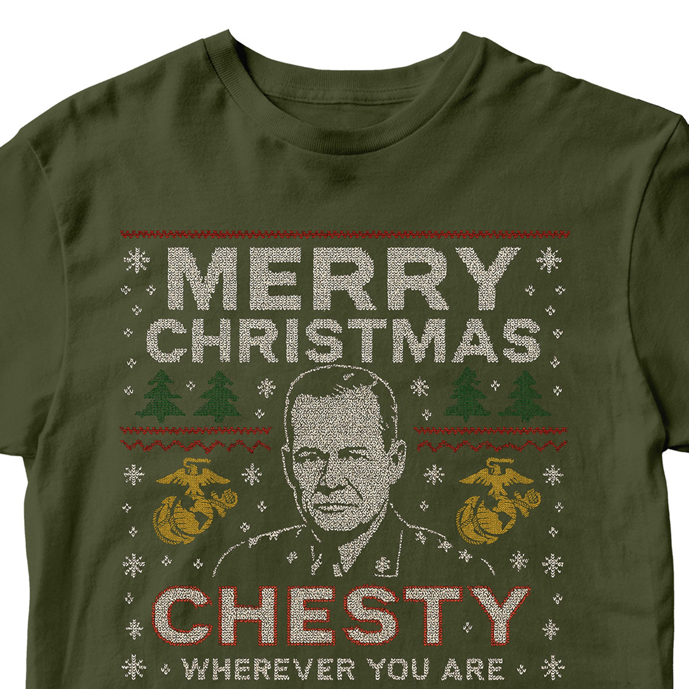 Green USMC Christmas T-shirt with sweater-style design featuring the text ‘Merry Christmas Chesty Puller Wherever You Are,’ stitched illustration, snowflakes, EGA icons, trees, and reindeer.” Marines Christmas tee