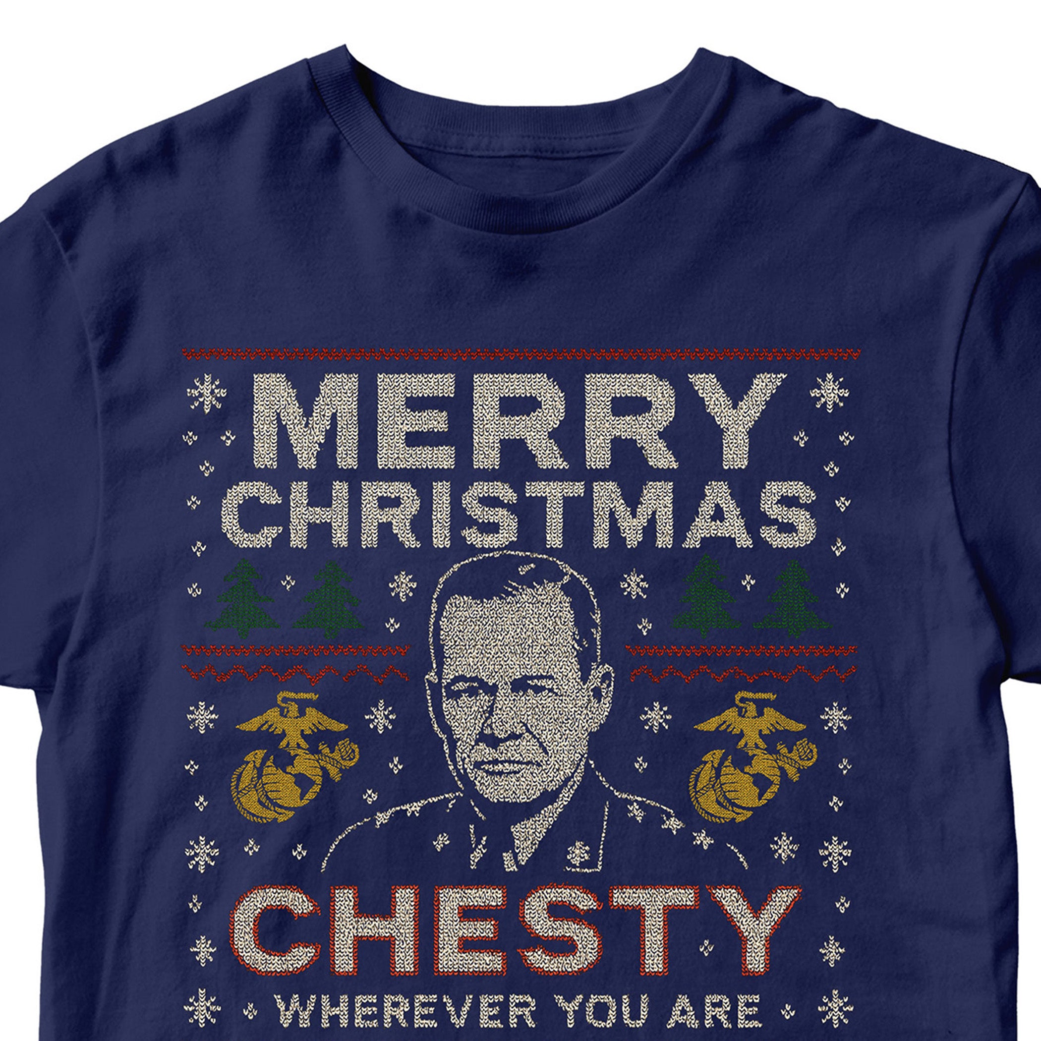 Navy USMC Christmas T-shirt with sweater-style design featuring the text ‘Merry Christmas Chesty Puller Wherever You Are,’ stitched illustration, snowflakes, EGA icons, trees, and reindeer.” Marines Christmas tee