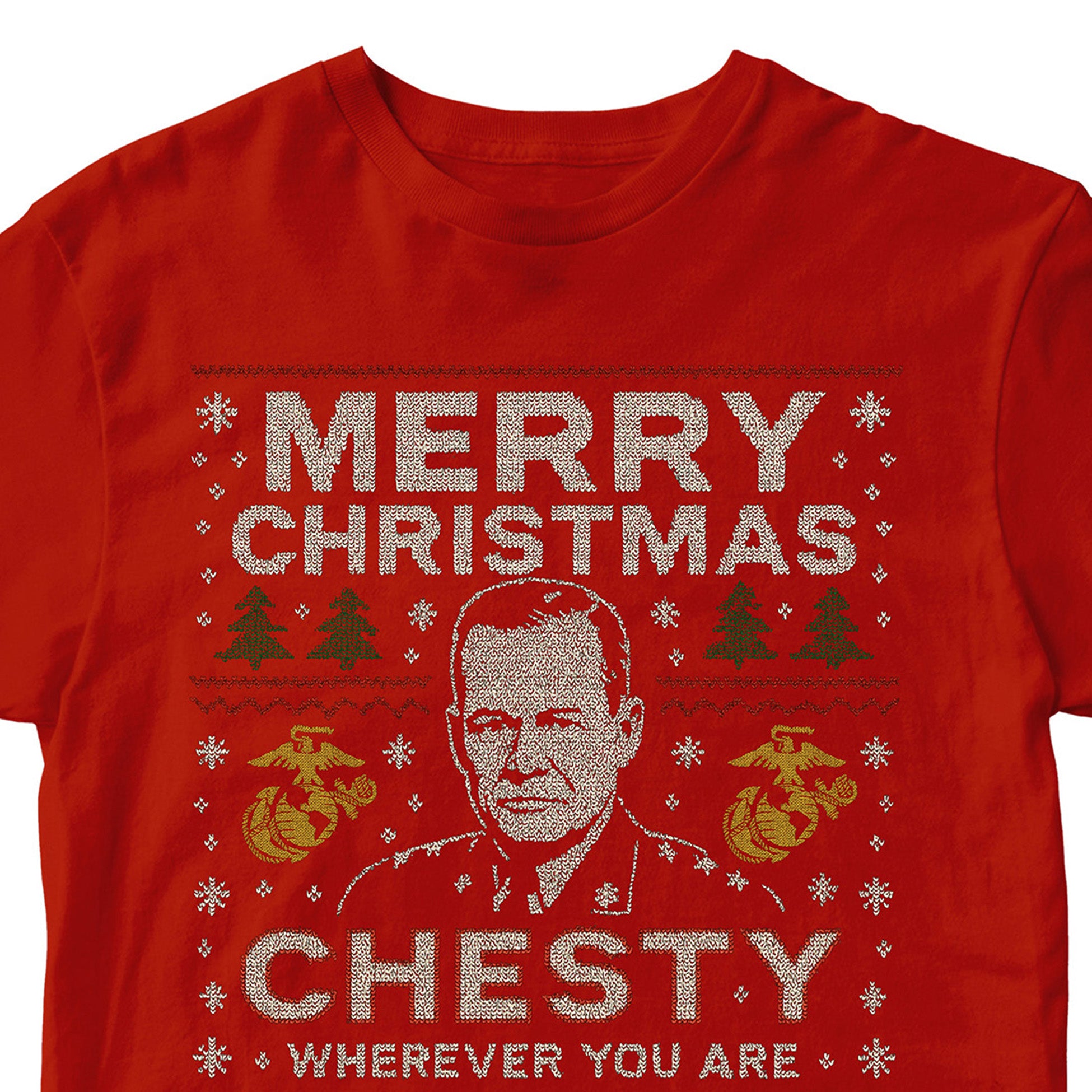 Red USMC Christmas T-shirt with sweater-style design featuring the text ‘Merry Christmas Chesty Puller Wherever You Are,’ stitched illustration, snowflakes, EGA icons, trees, and reindeer.” Marines Christmas tee