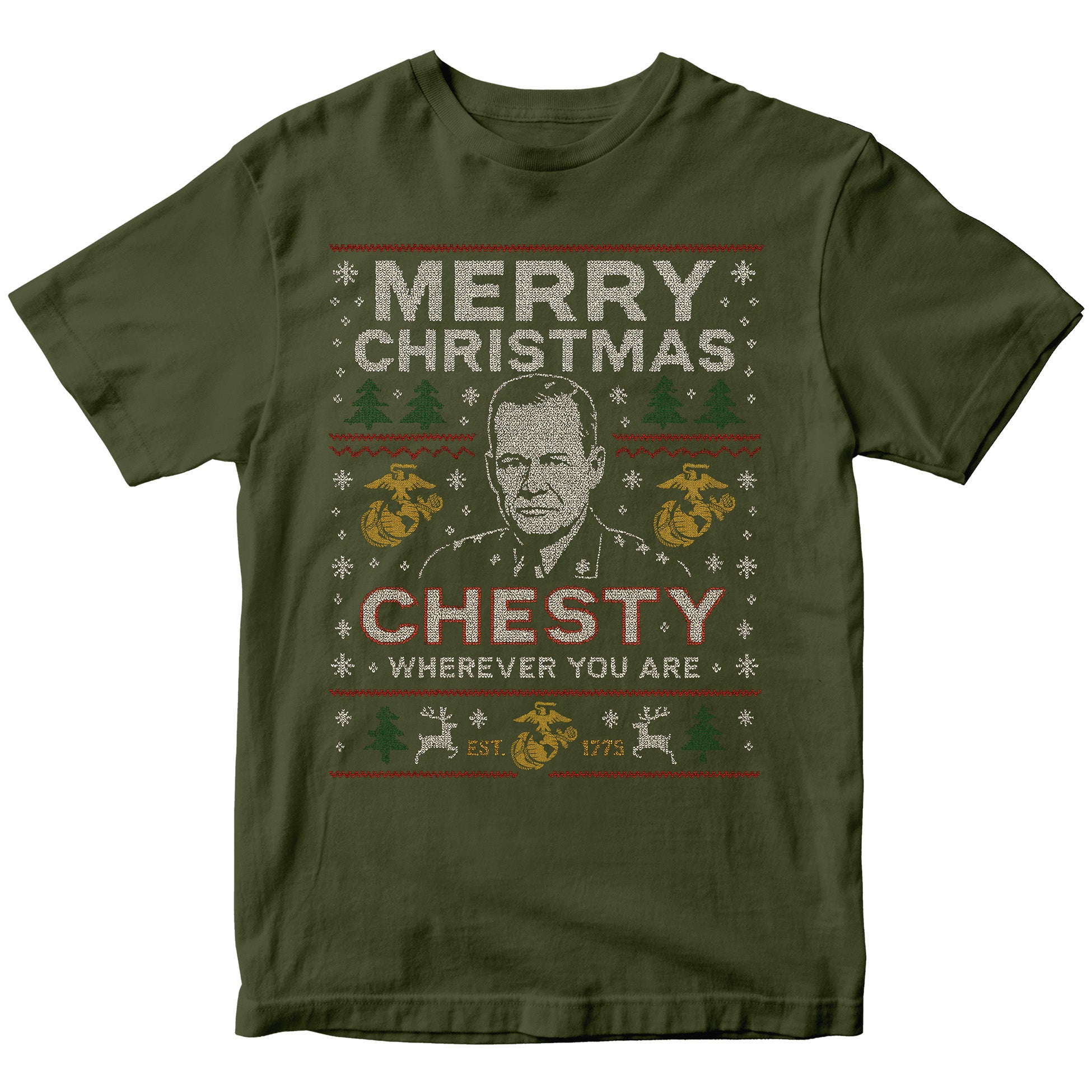 Green USMC Christmas T-shirt with sweater-style design featuring the text ‘Merry Christmas Chesty Puller Wherever You Are,’ stitched illustration, snowflakes, EGA icons, trees, and reindeer.” Marines Christmas tee