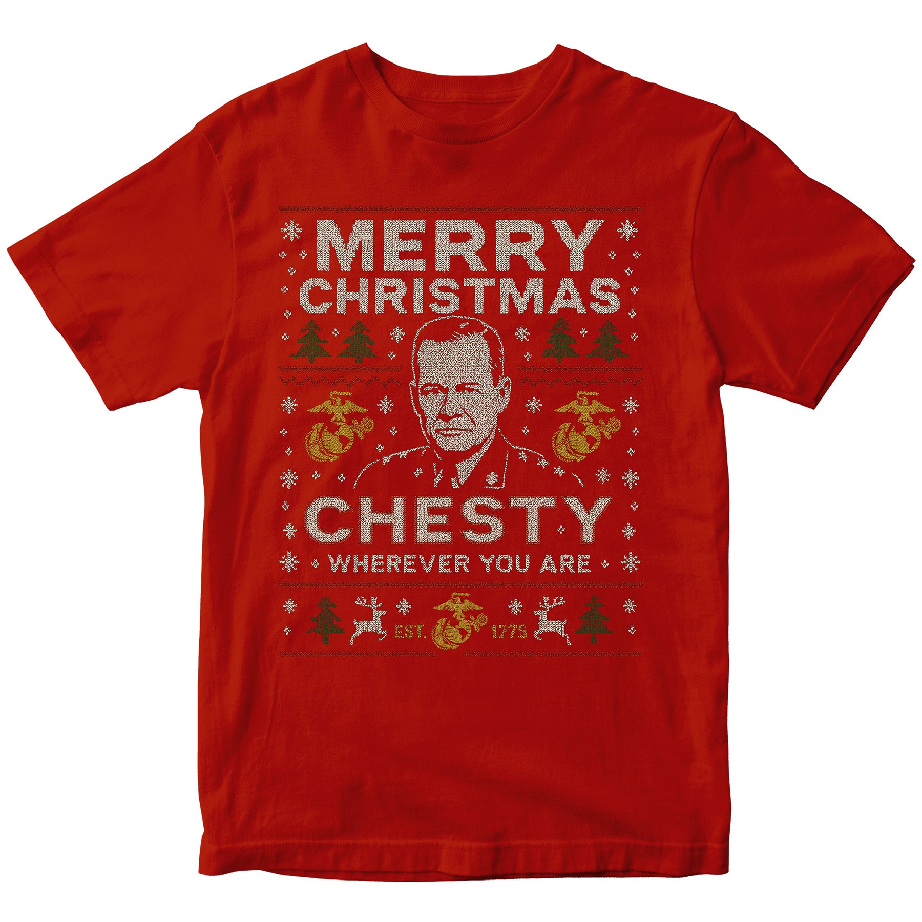 Red USMC Christmas T-shirt with sweater-style design featuring the text ‘Merry Christmas Chesty Puller Wherever You Are,’ stitched illustration, snowflakes, EGA icons, trees, and reindeer.” Marines Christmas tee