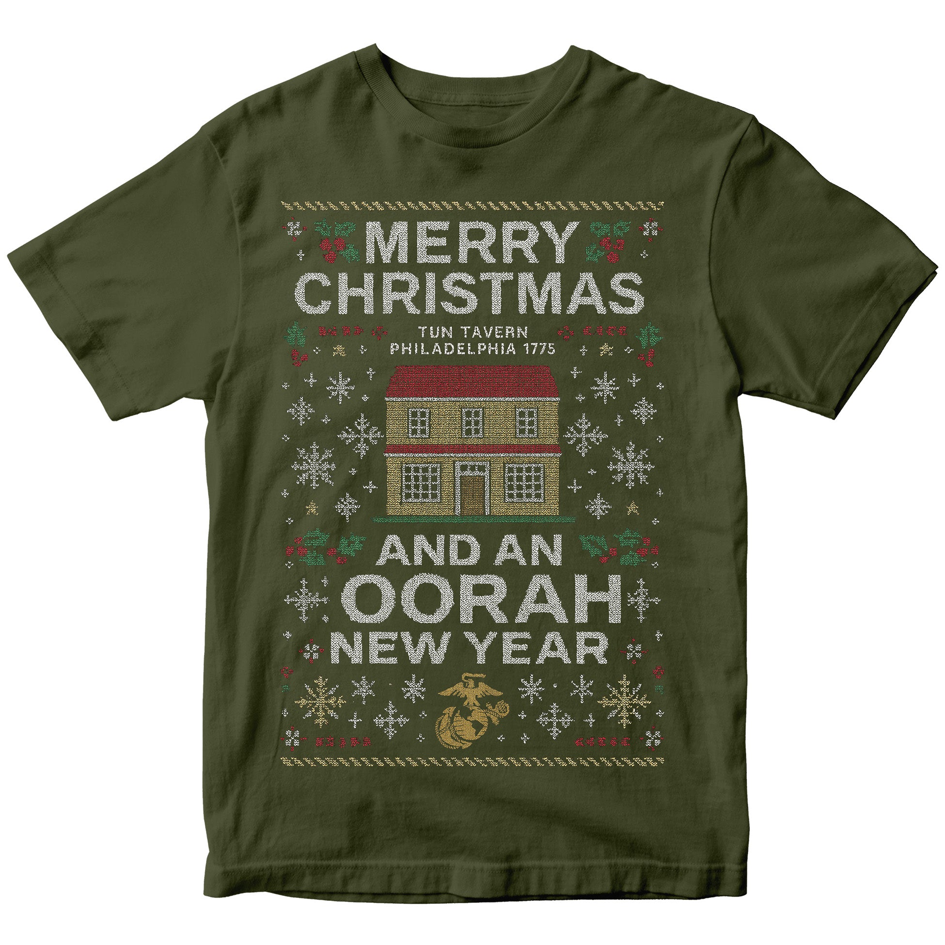 Green USMC Christmas T-shirt with knitted-style Tun Tavern illustration, snowflakes, holly, Eagle Globe and Anchor, and text ‘Merry Christmas’ and ‘And an Oorah New Year.’ Marines Christmas Holiday Tee