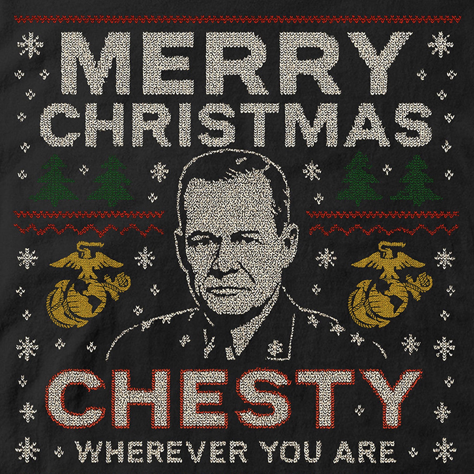 Black USMC Christmas T-shirt with sweater-style design featuring the text ‘Merry Christmas Chesty Puller Wherever You Are,’ stitched illustration, snowflakes, EGA icons, trees, and reindeer.” Marines Christmas tee