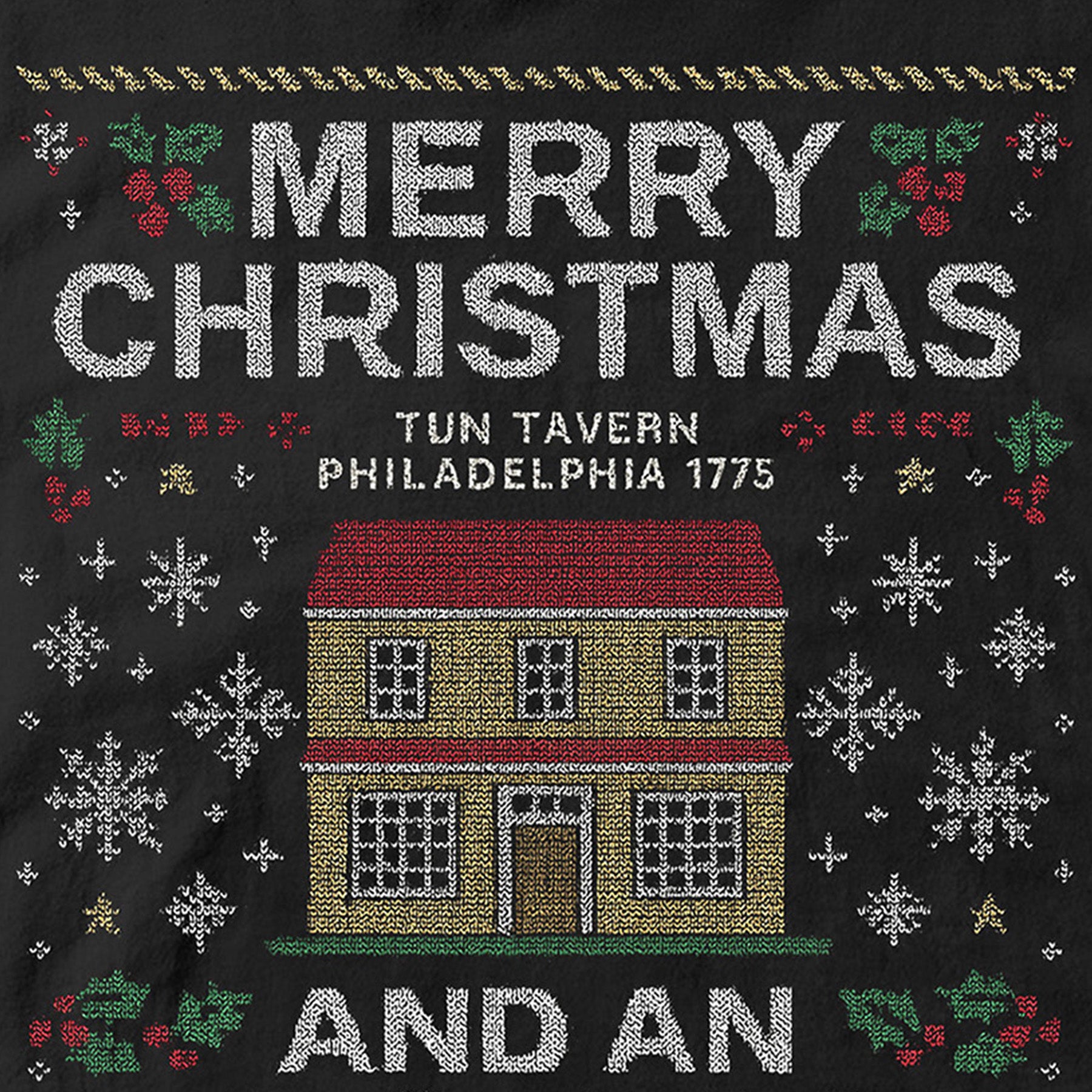 Black USMC Christmas T-shirt with knitted-style Tun Tavern illustration, snowflakes, holly, Eagle Globe and Anchor, and text ‘Merry Christmas’ and ‘And an Oorah New Year.’ Marines Christmas Holiday Tee