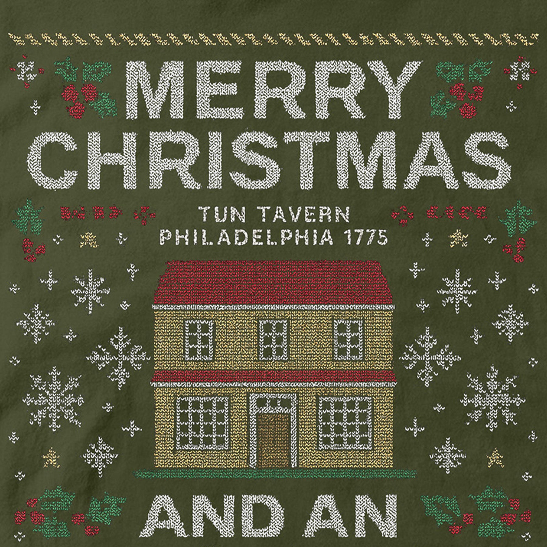 Green USMC Christmas T-shirt with knitted-style Tun Tavern illustration, snowflakes, holly, Eagle Globe and Anchor, and text ‘Merry Christmas’ and ‘And an Oorah New Year.’ Marines Christmas Holiday Tee