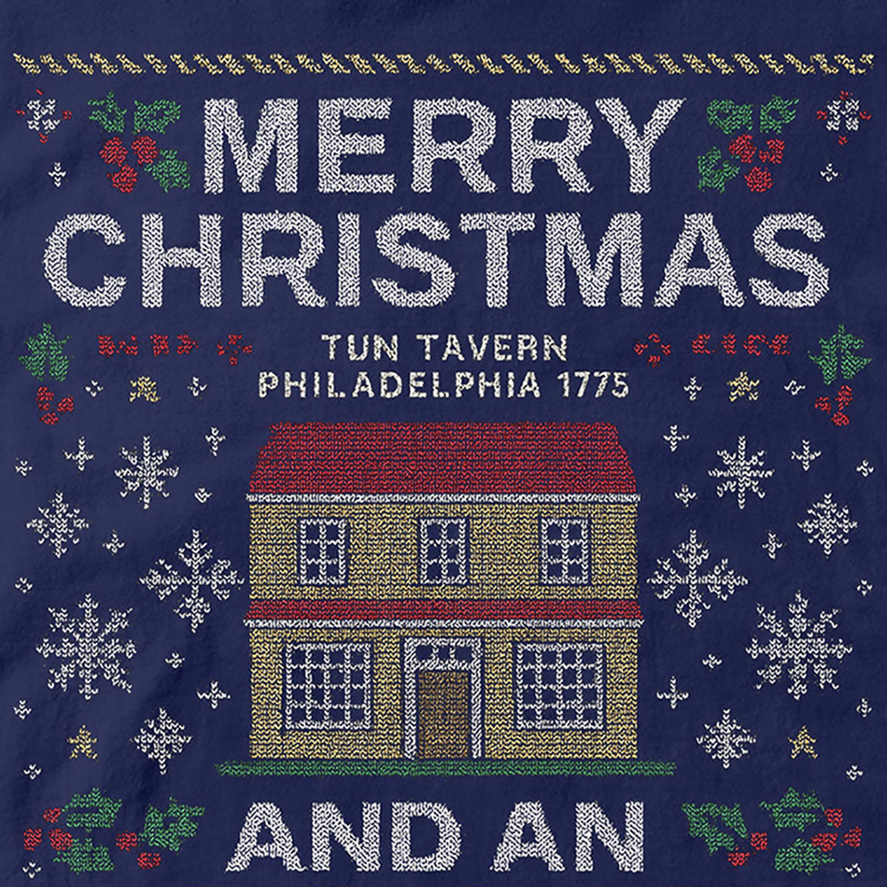 Navy USMC Christmas T-shirt with knitted-style Tun Tavern illustration, snowflakes, holly, Eagle Globe and Anchor, and text ‘Merry Christmas’ and ‘And an Oorah New Year.’ Marines Christmas Holiday Tee