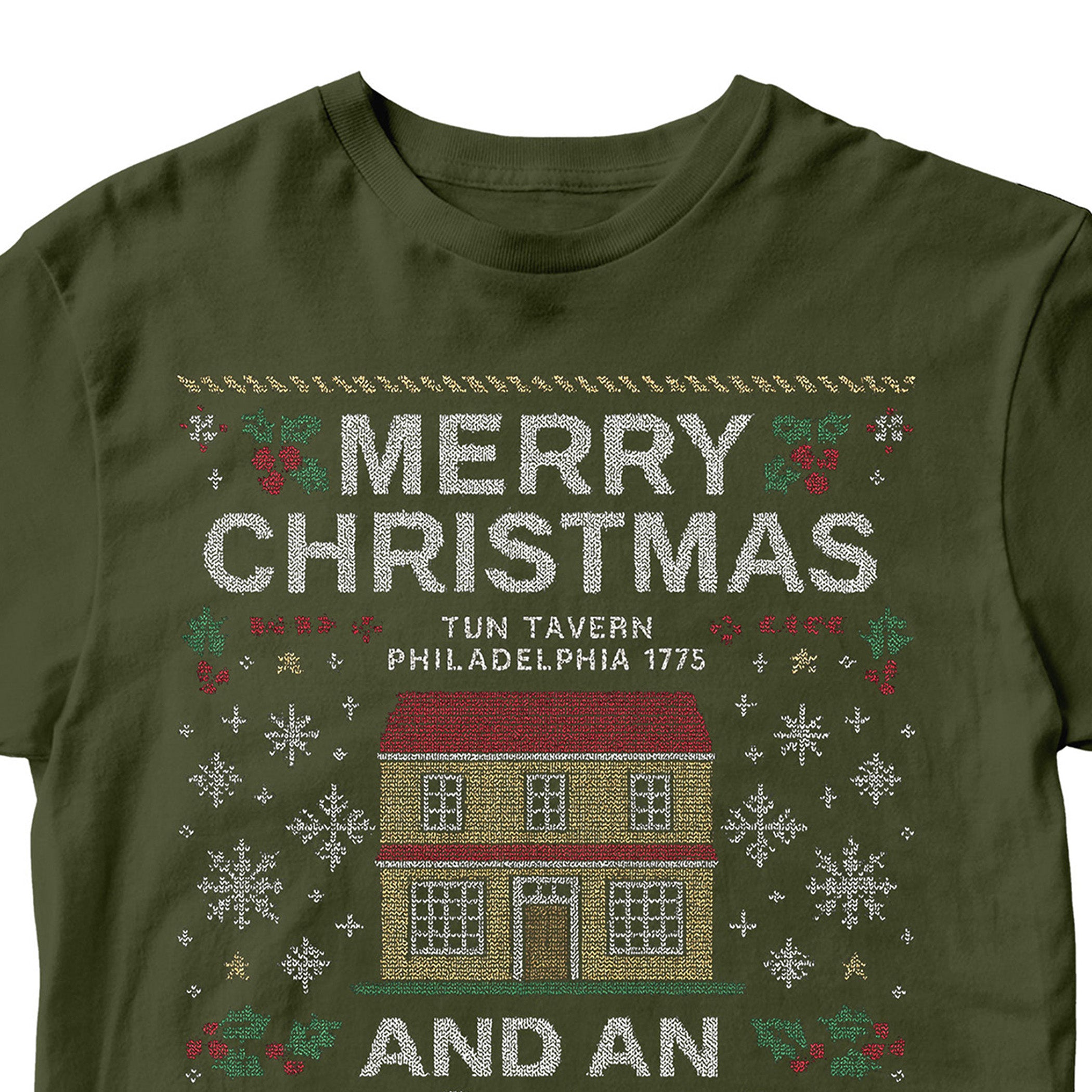 Green USMC Christmas T-shirt with knitted-style Tun Tavern illustration, snowflakes, holly, Eagle Globe and Anchor, and text ‘Merry Christmas’ and ‘And an Oorah New Year.’ Marines Christmas Holiday Tee