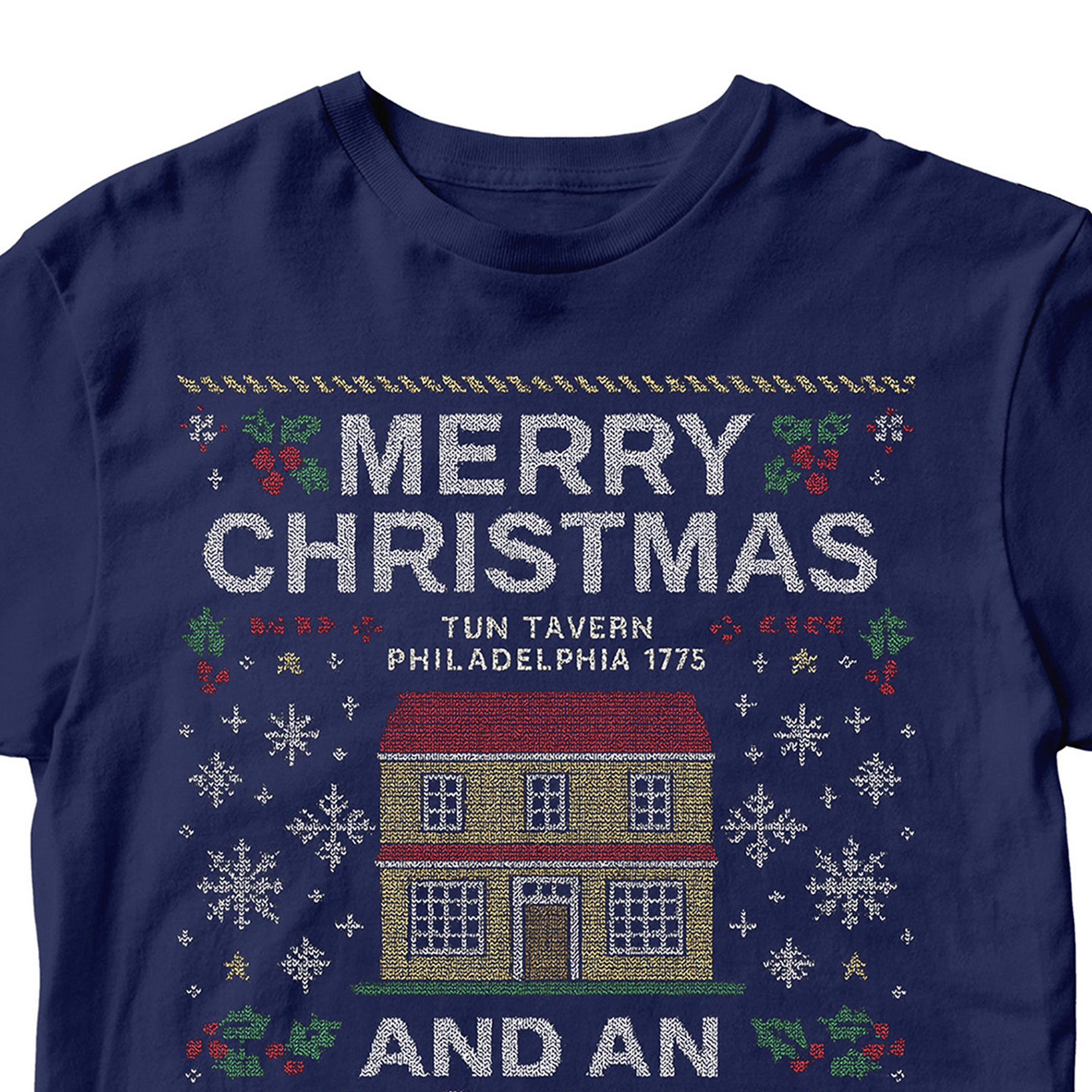 Navy USMC Christmas T-shirt with knitted-style Tun Tavern illustration, snowflakes, holly, Eagle Globe and Anchor, and text ‘Merry Christmas’ and ‘And an Oorah New Year.’ Marines Christmas Holiday Tee