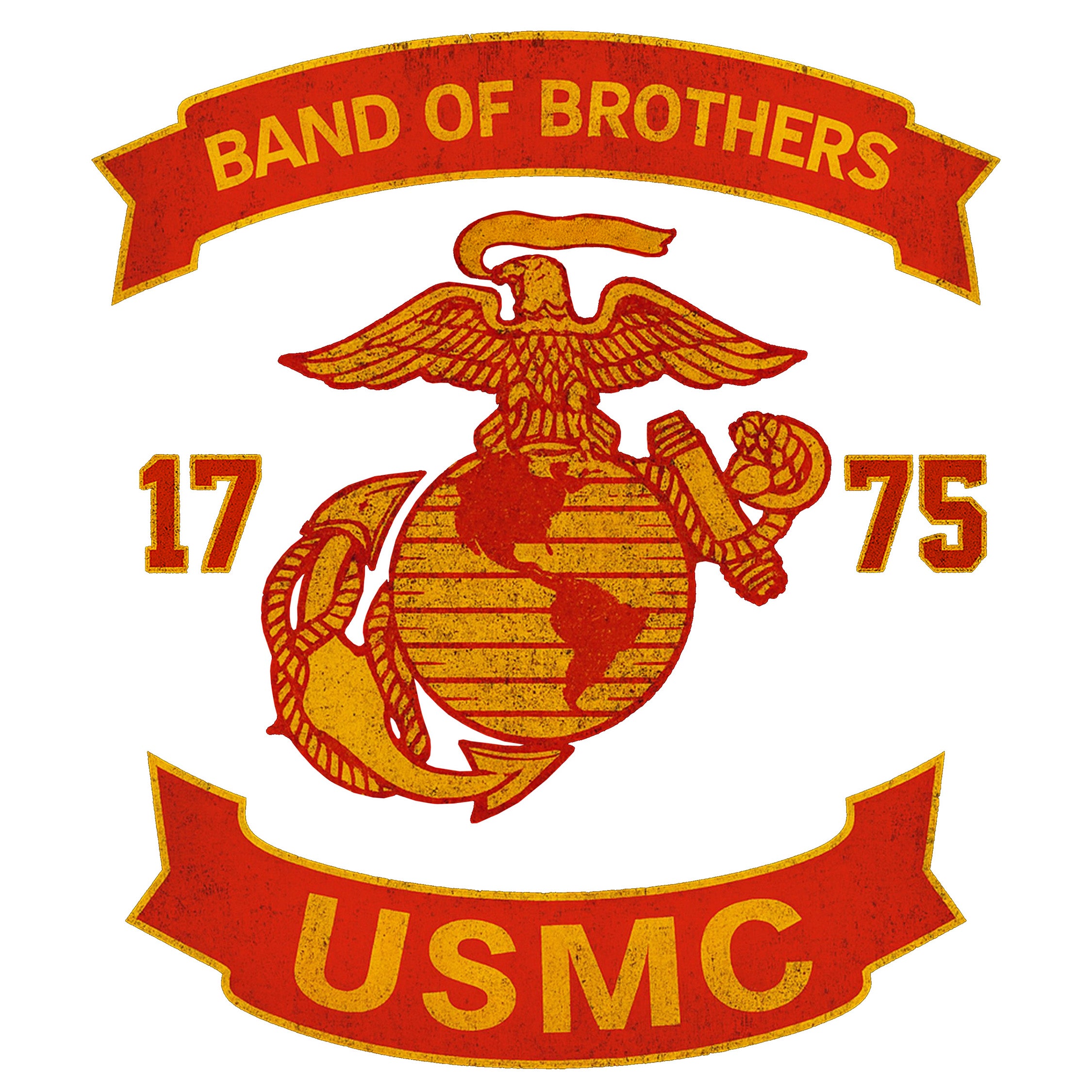 USMC motorcycle club–style back graphic reading ‘Band of Brothers,’ ‘1775,’ and ‘USMC.