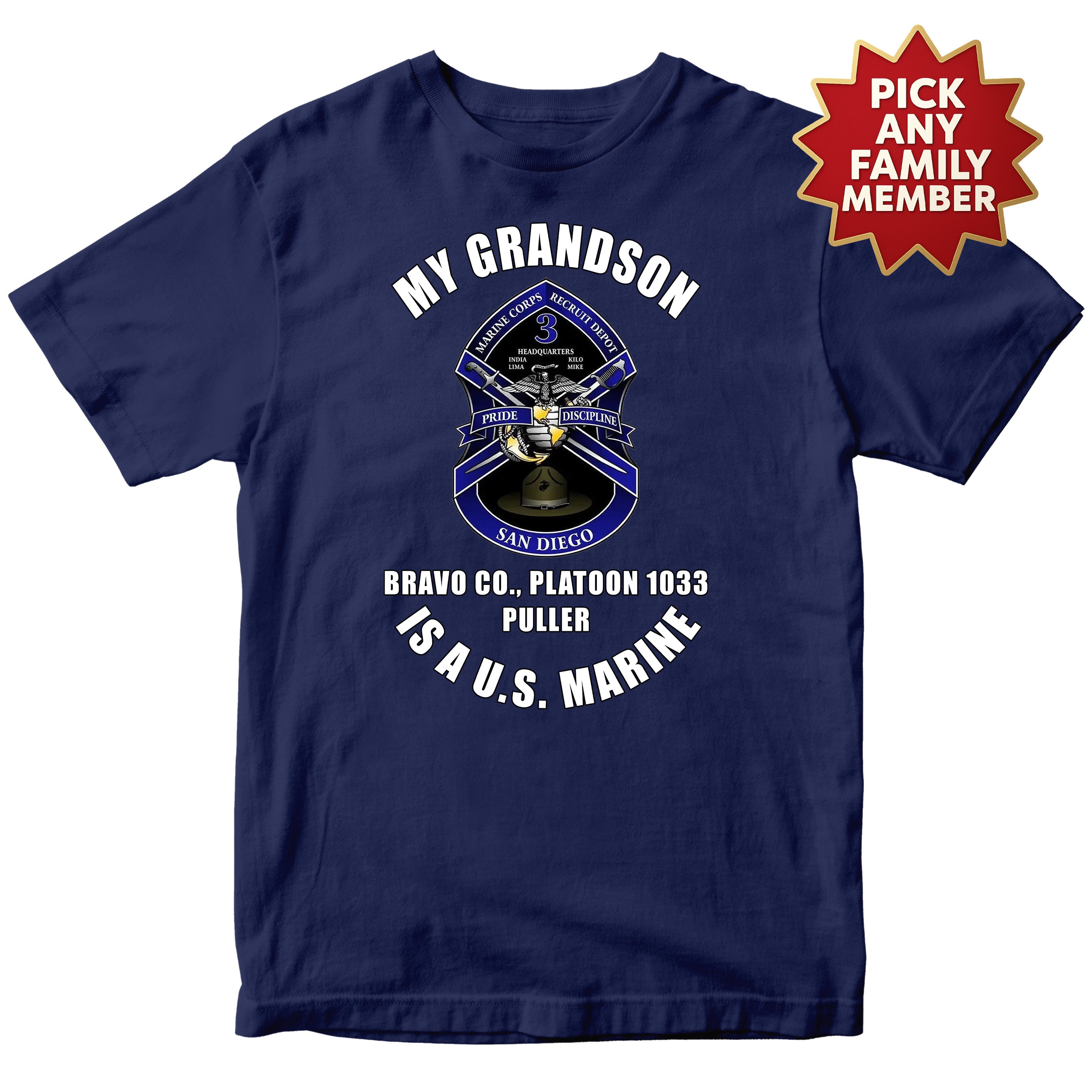 Custom Marine family T-shirt for 3rd Recruit Training Battalion at MCRD San Diego with personalized family title and Marine Corps training crest