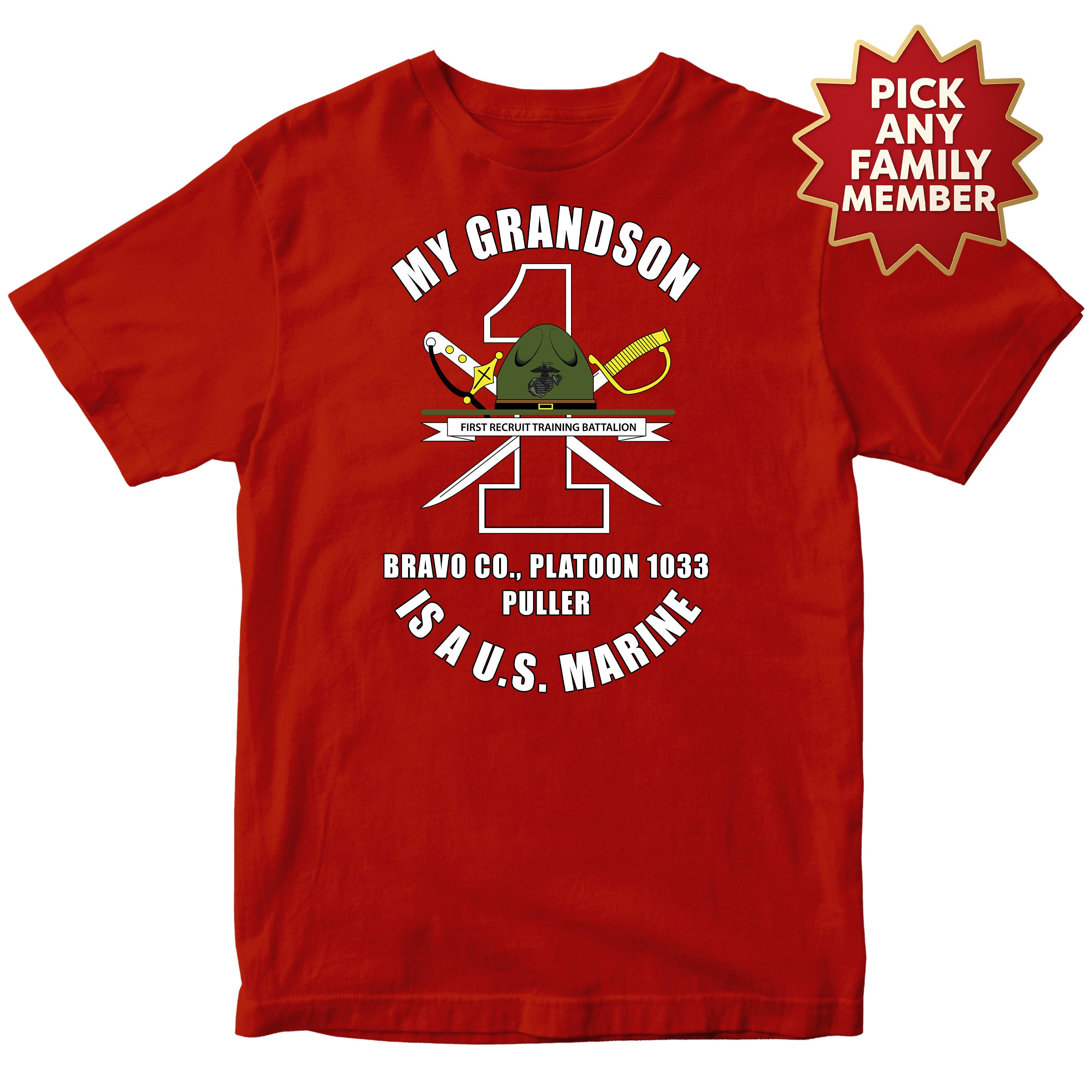 Custom Marine family T-shirt for 1st Recruit Training Battalion featuring personalized family title and unit details, celebrating a U.S. Marine