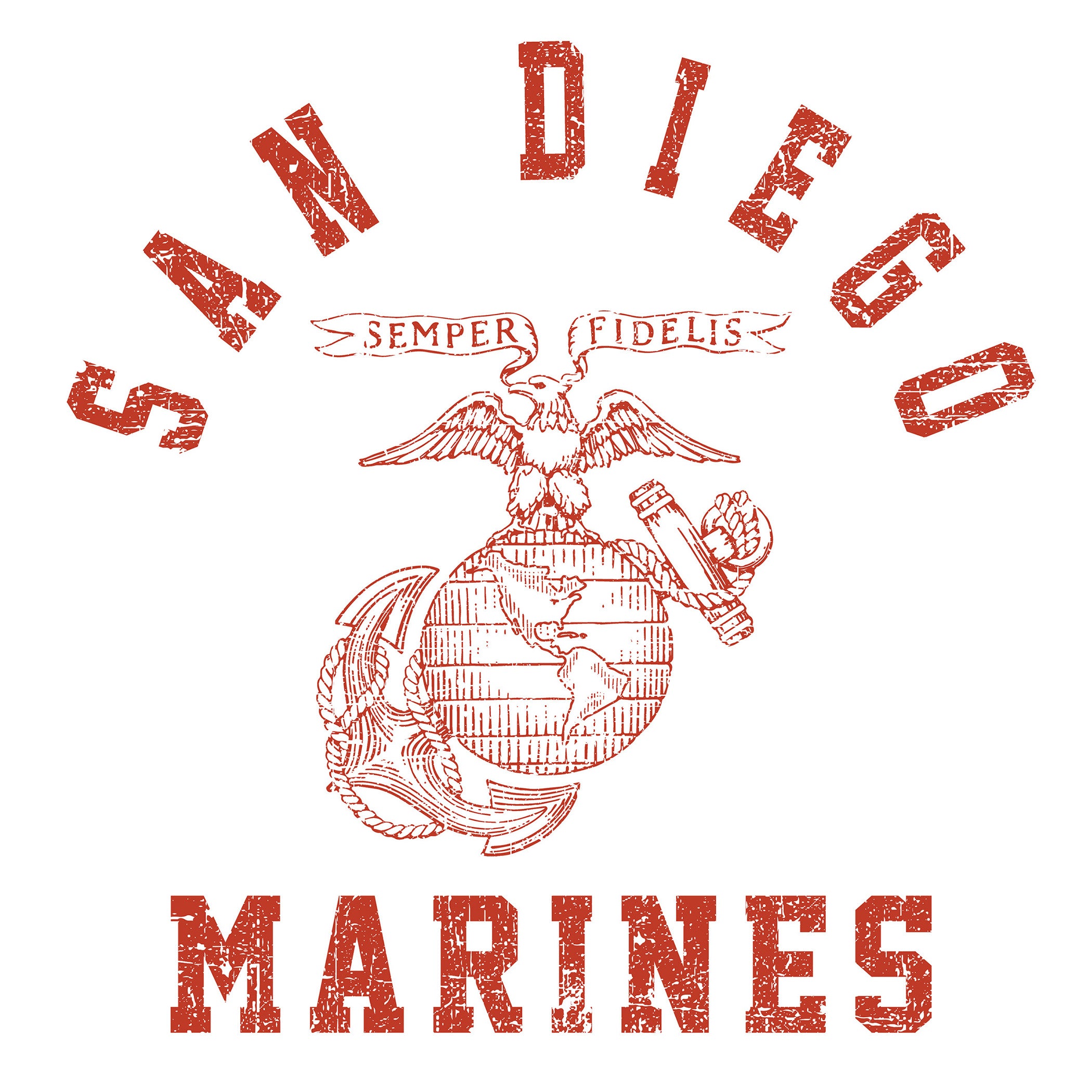 USMC print featuring 'San Diego' arched above the Eagle, Globe, and Anchor emblem, and 'Marines' text below—designed in the style of vintage Marine Corps training shirts from MCRD San Diego.