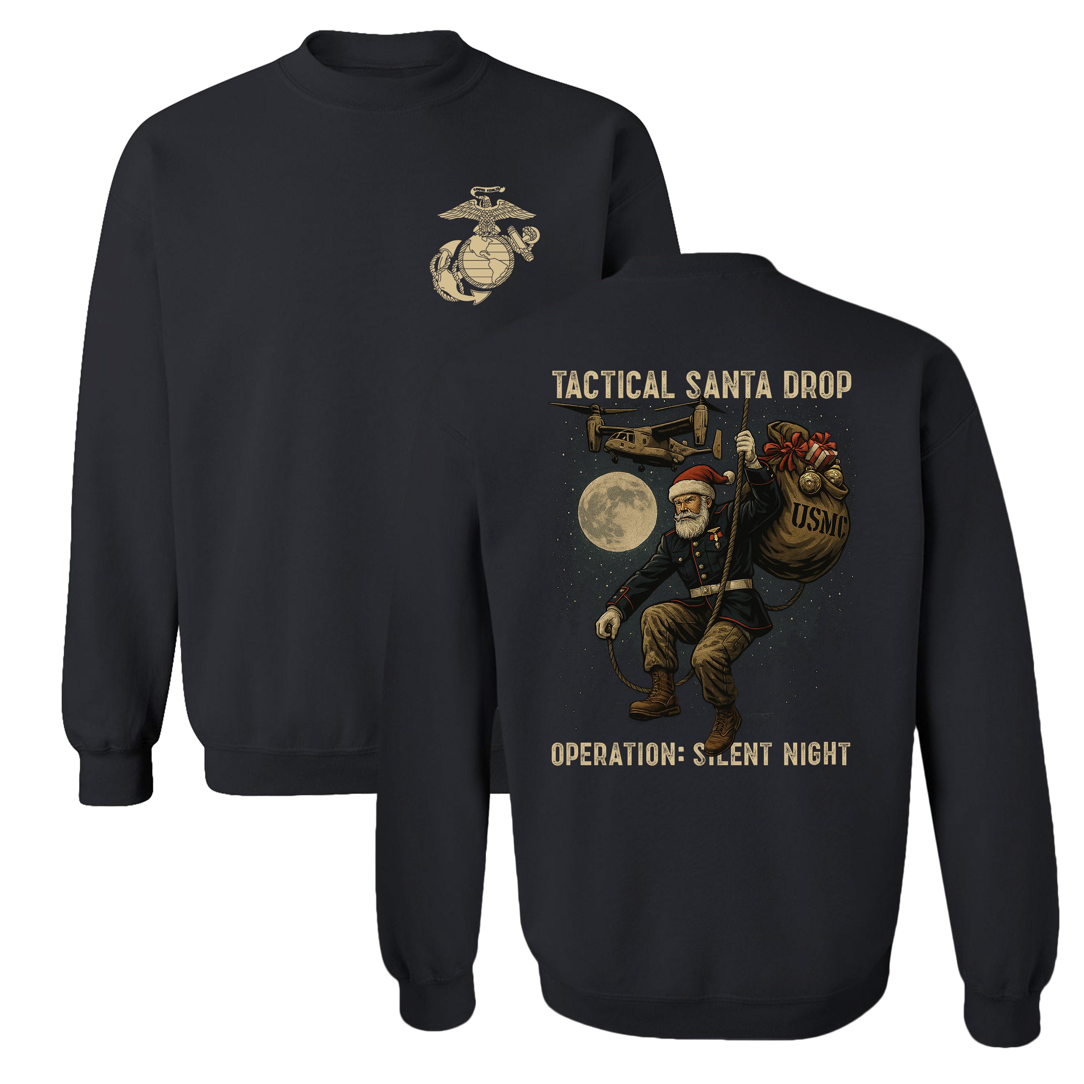 Black USMC Christmas Sweatshirt. Marines Tactical Santa Drop Sweatshirt with EGA chest and full Santa illustration on back. Marines Christmas Holiday Sweatshirt