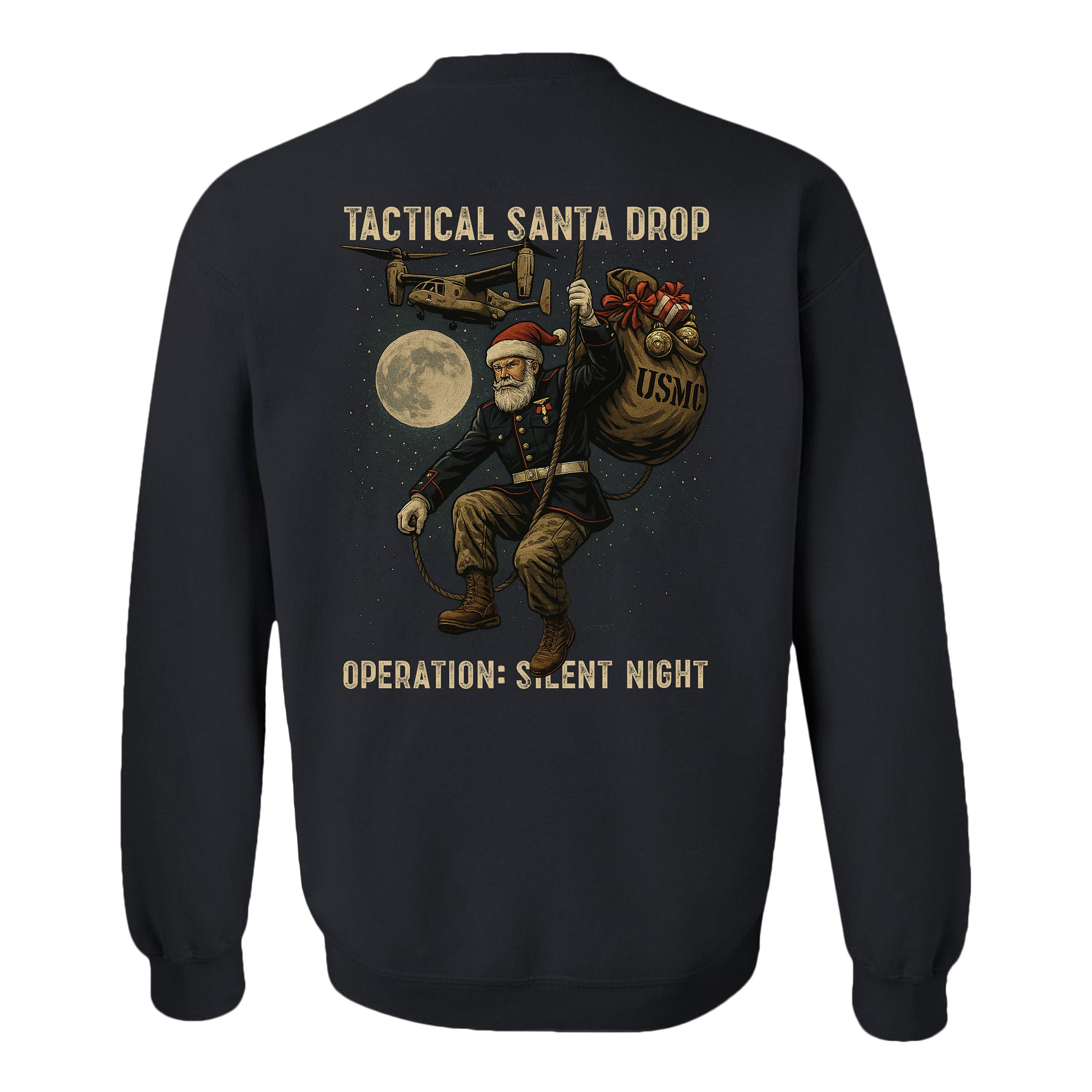 Black USMC Christmas Sweatshirt. Marines Tactical Santa Drop Sweatshirt with EGA chest and full Santa illustration on back. Marines Christmas Holiday Sweatshirt