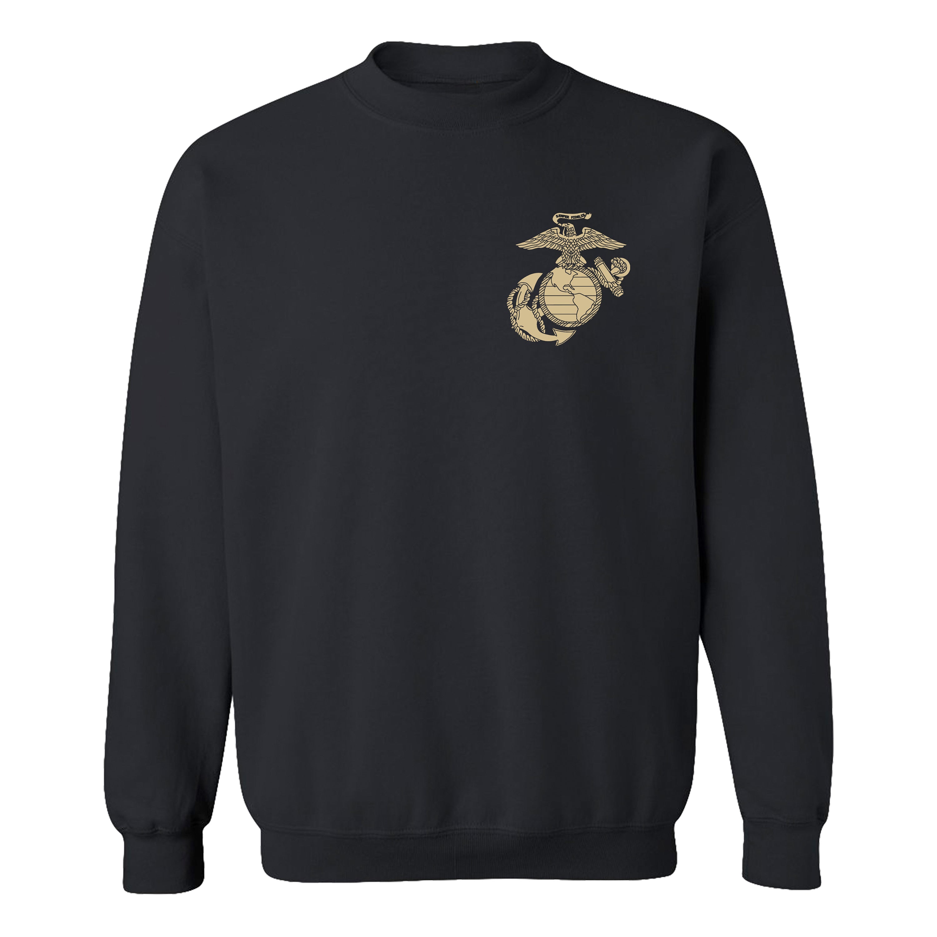 Black USMC Christmas Sweatshirt. Marines Tactical Santa Drop Sweatshirt with EGA chest and full Santa illustration on back. Marines Christmas Holiday Sweatshirt