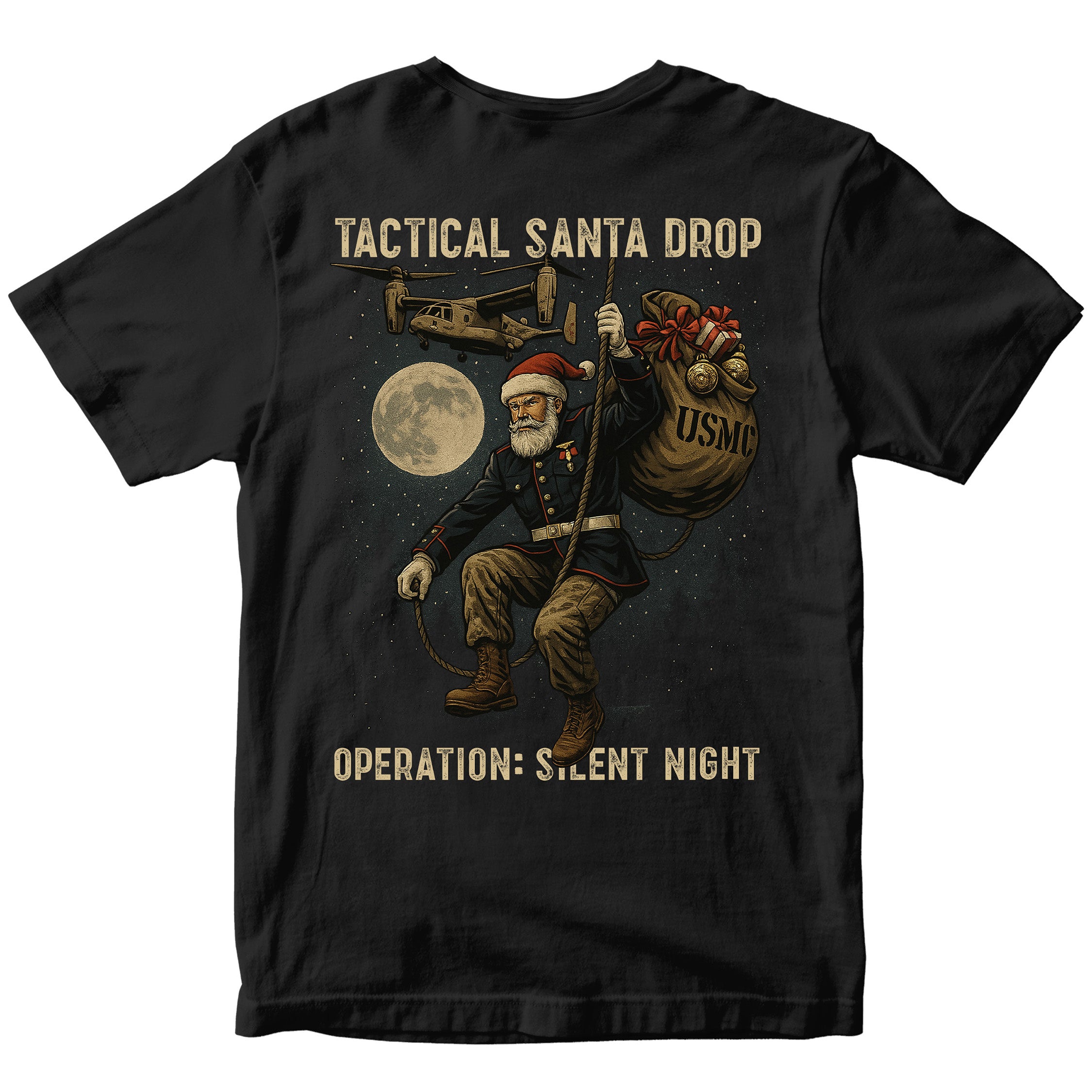 Black USMC Christmas Tee with Tactical Santa Drop illustration on back. Marines Christmas T-shirt