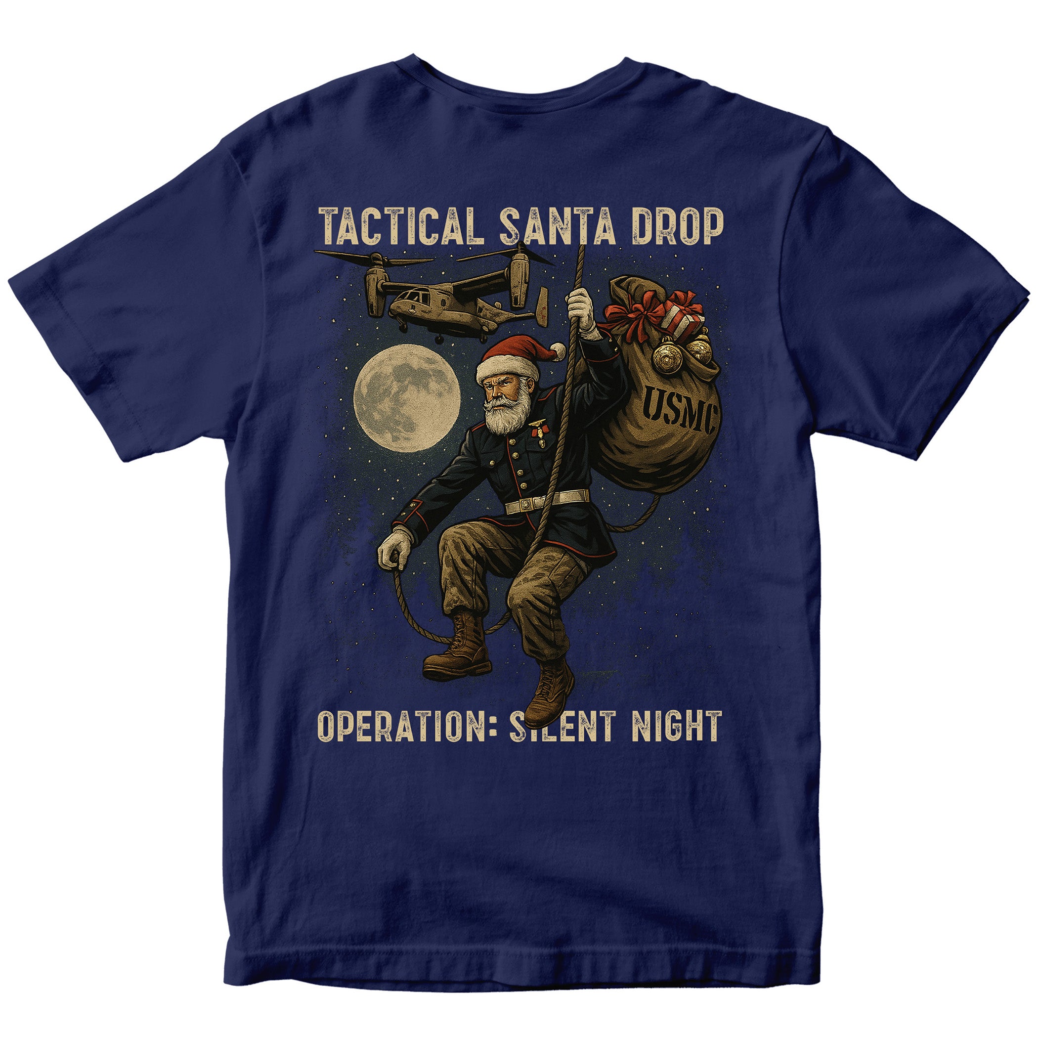 Navy USMC Christmas Tee with Tactical Santa Drop illustration on back. Marines Christmas T-shirt