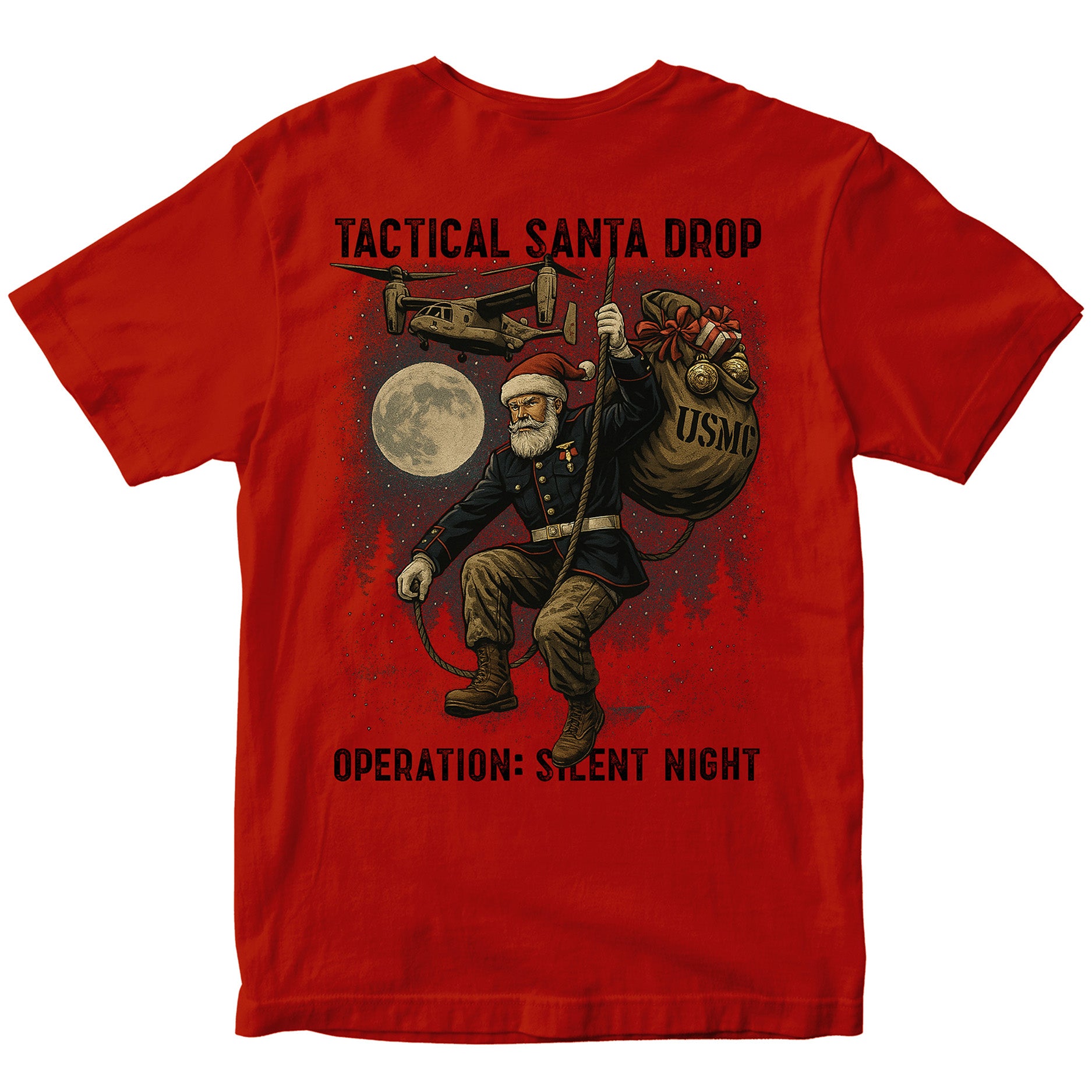 Red USMC Christmas Tee with Tactical Santa Drop illustration on back. Marines Christmas T-shirt