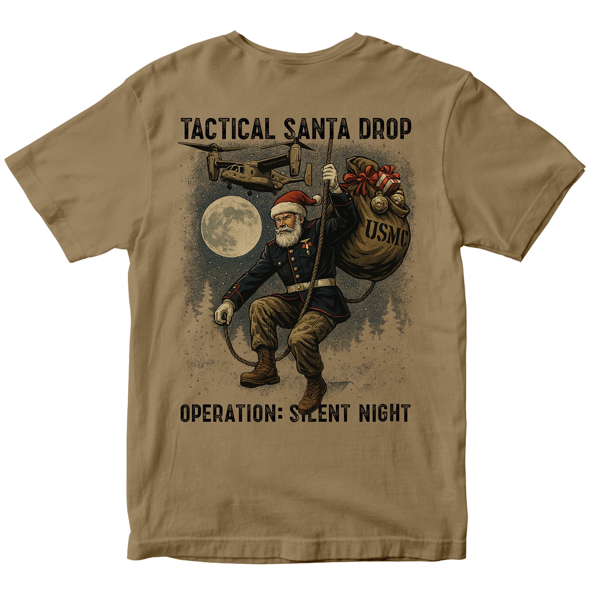 Khaki USMC Christmas Tee with Tactical Santa Drop illustration on back. Marines Christmas T-shirt