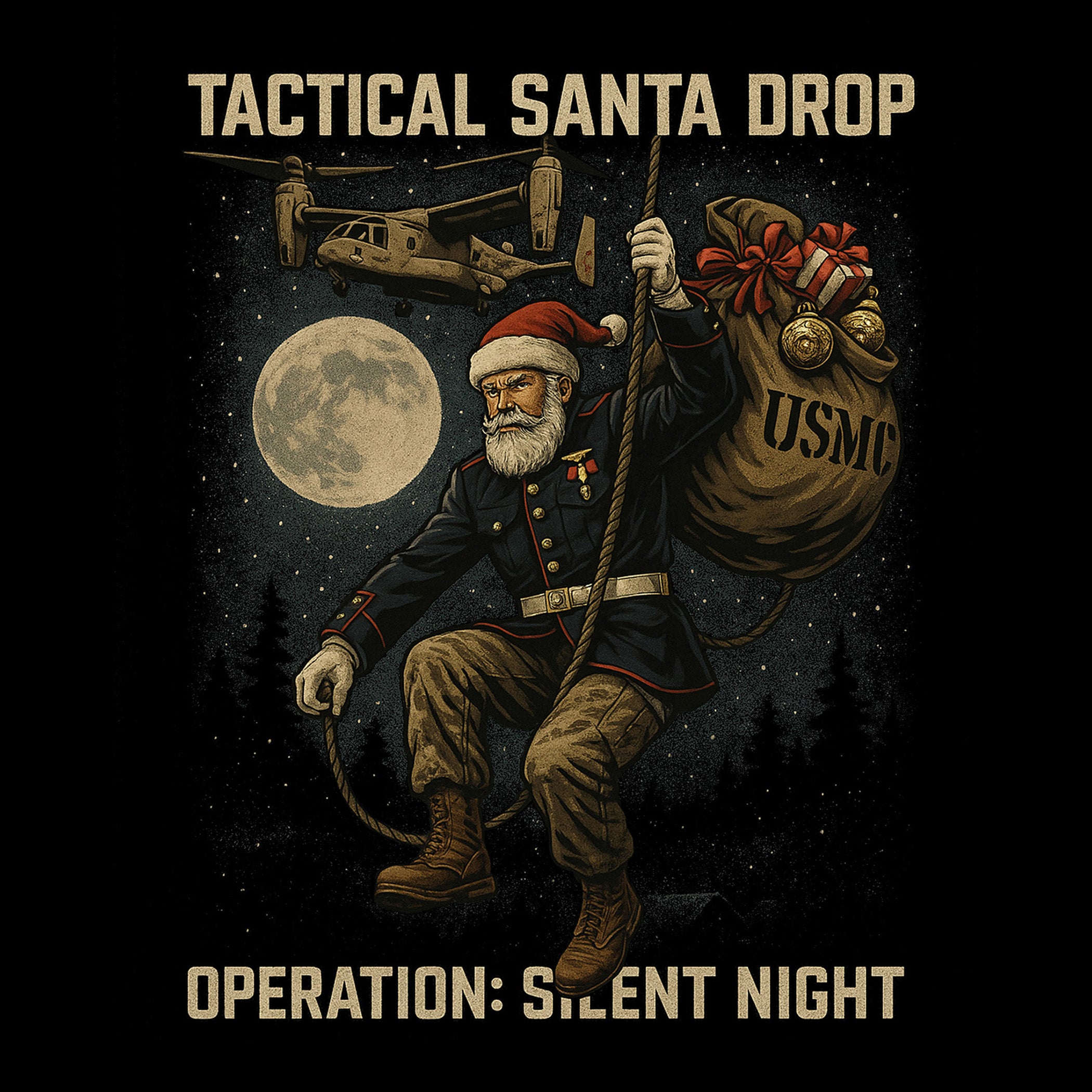 Marines Tactical Santa Drop illustration with EGA chest and Santa Operation Silent Night Graphic