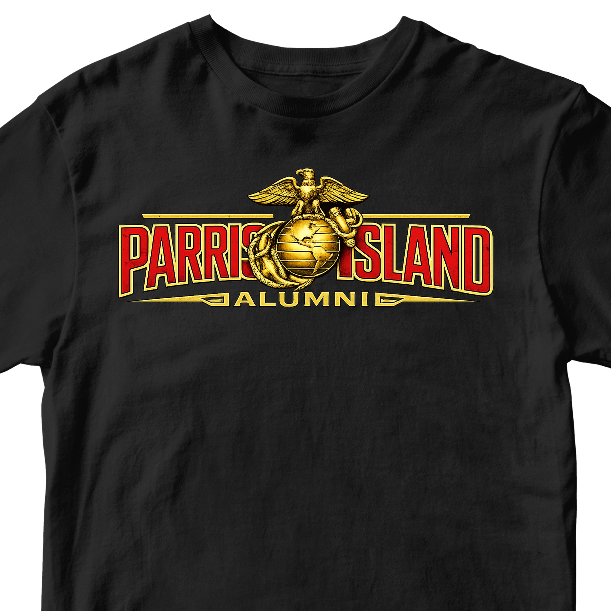 United States Marine Corps Parris Island alumni shirt featuring EGA emblem. Black MCRD Parris Island Tee.