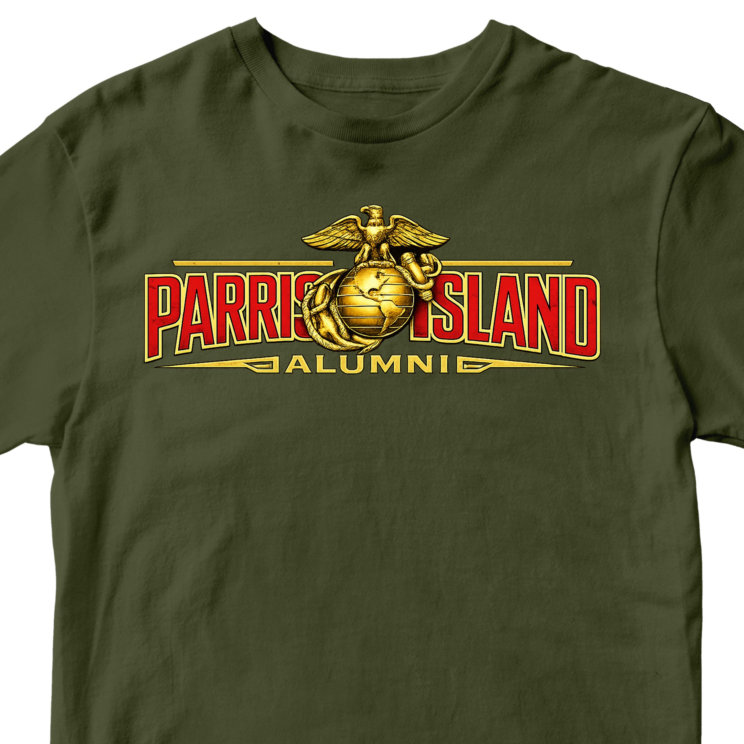 United States Marine Corps Parris Island alumni shirt featuring EGA emblem. Green MCRD Parris Island Tee.