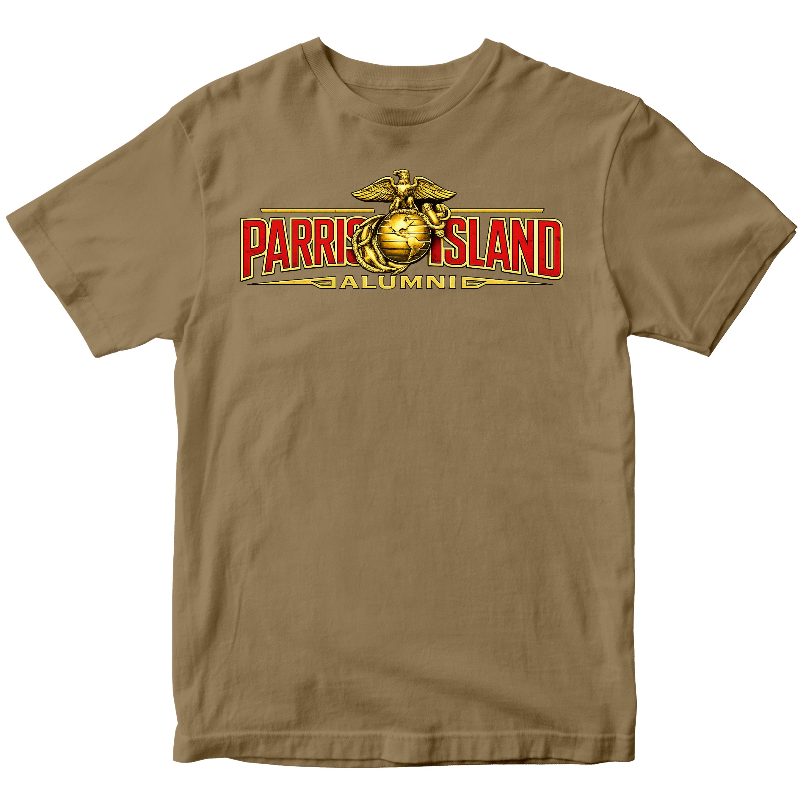 United States Marine Corps Parris Island alumni shirt featuring EGA emblem. Brown MCRD Parris Island Tee.